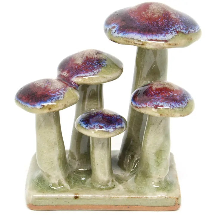 Porcelain Mushroom Cluster Decor - Green & Purple Ceramic Mushroom Figurine for Home, Garden, and Fairy Garden Decorations