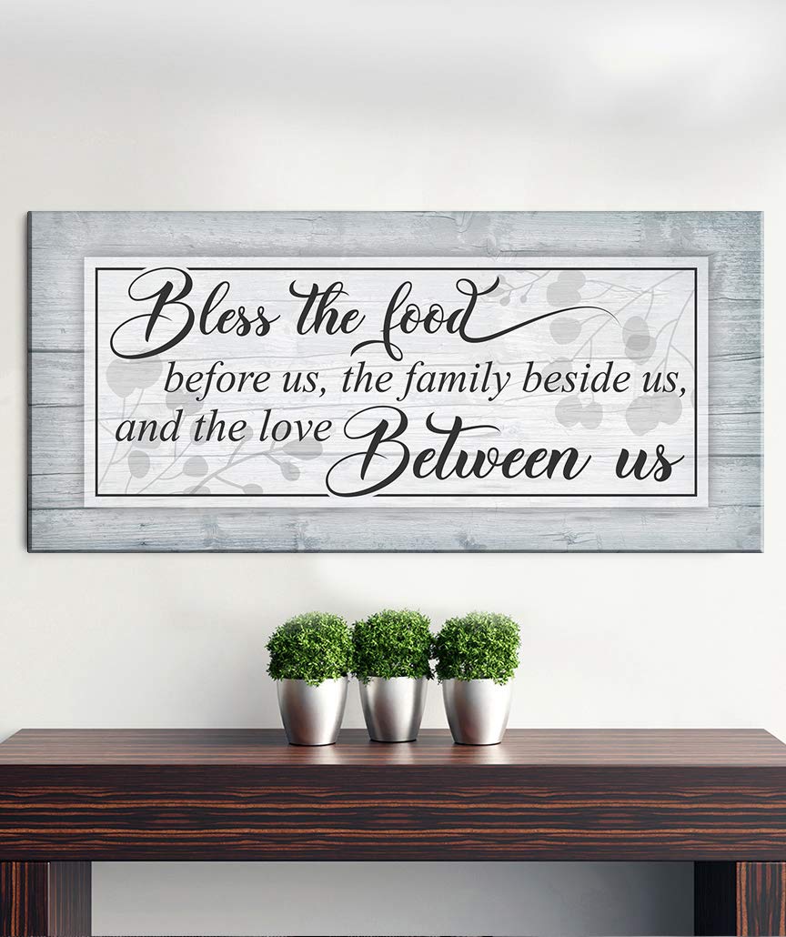 Bless The Food Sign - Christian Wall Decor for Dining Room & Kitchen - Large 42x19 Canvas Wall Art - Family Home Décor - Grey Farmhouse Style - Perfect for Thanksgiving & Holiday Gatherings