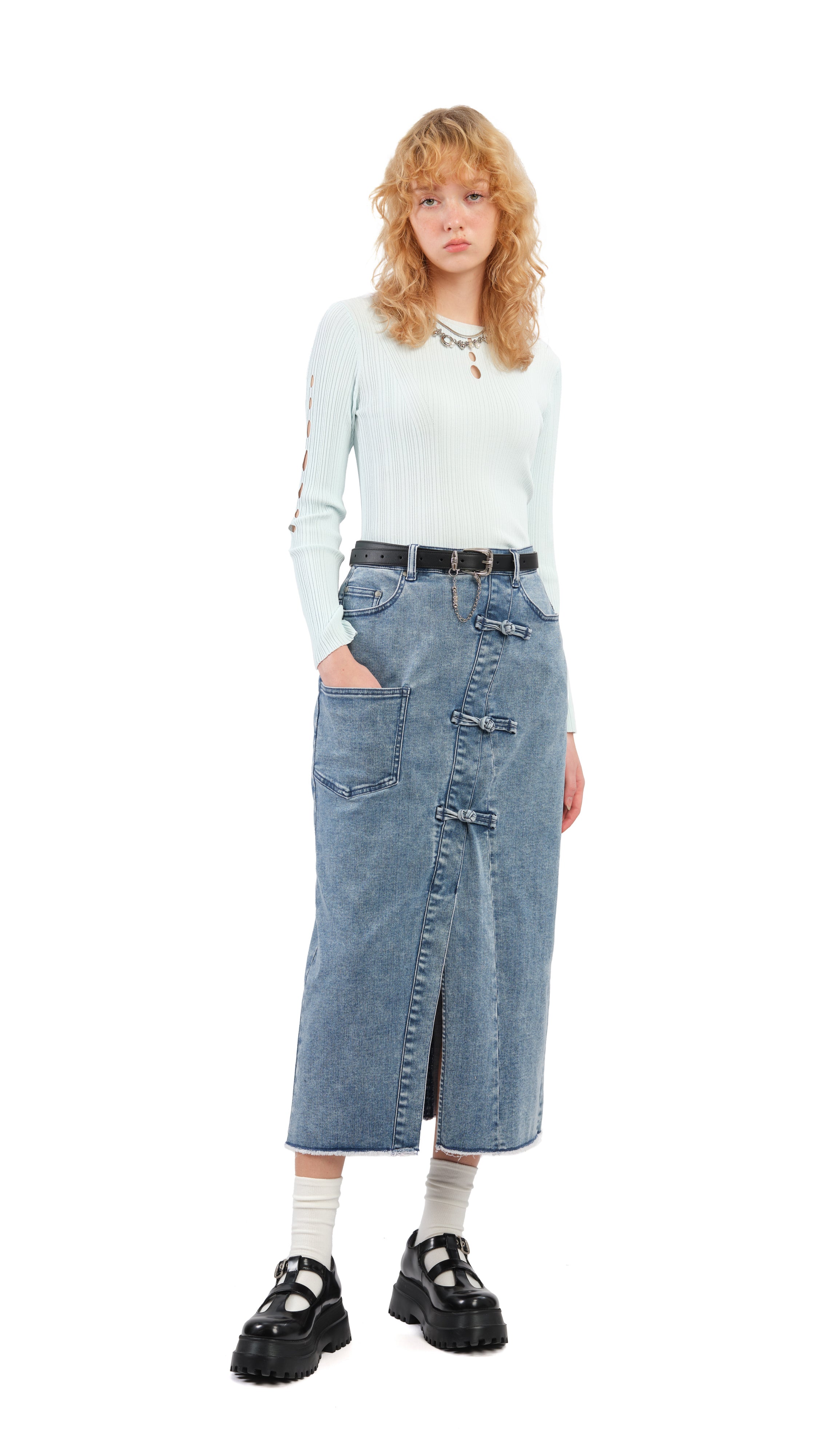 Vintage Rebuilt Denim Pencil Skirt for Women - High Waist Distressed Denim Skirt with Side Slits - Perfect for Casual Outfits, Office Wear & Date Nights