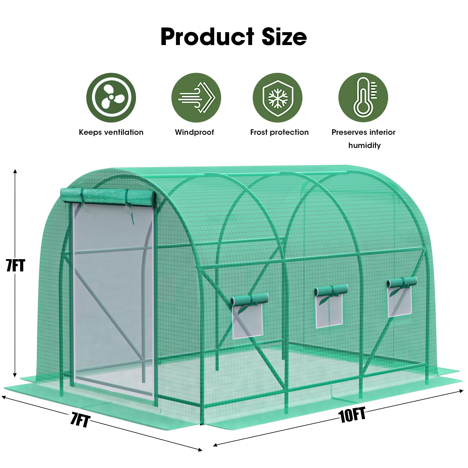 Grezone 10x7x7 FT Walk-in Greenhouse with Dual Zippered Screen Doors & 6 Vent Windows - Heavy Duty Reinforced Frame Plastic Plant House for Outdoor Gardening, Seed Starting & Plant Protection