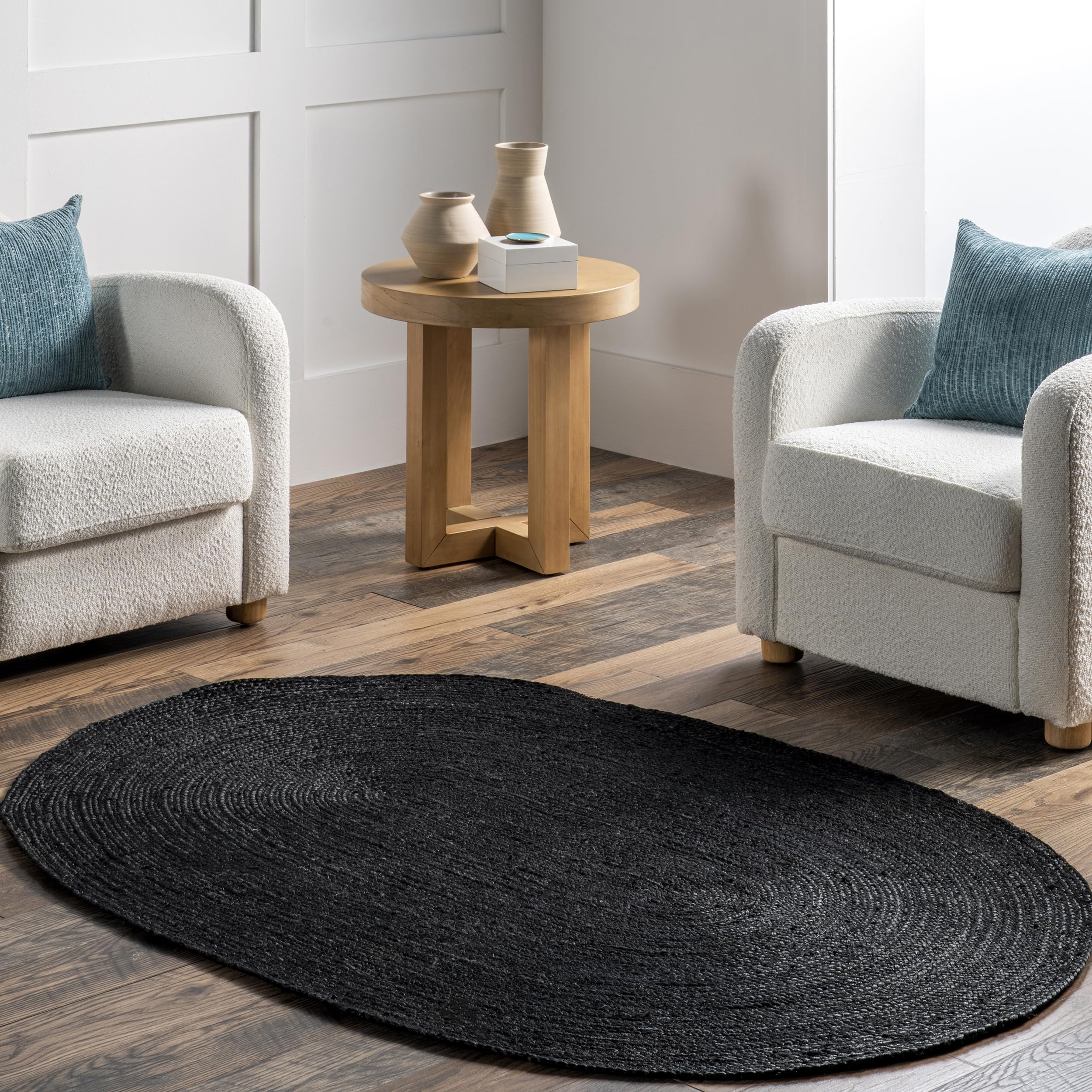 nuLOOM Oval 4x6 Rigo Jute Hand Woven Area Rug - Black Farmhouse Solid Design Natural Fiber Rug for Bedroom, Living Room, Dining Room, Hallway, Office, Kitchen & Entryway | Perfect for Boho Chic Decor & Cozy Home Style