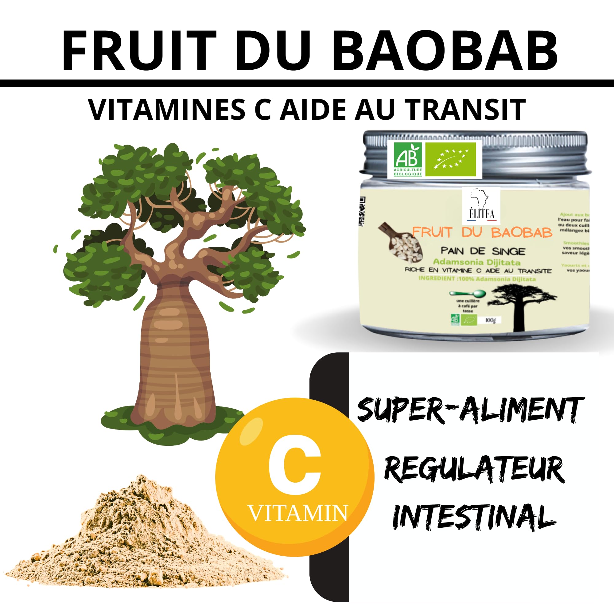 Organic Baobab Fruit Powder (Adansonia Digitata) - 100g | Superfood Rich in Vitamin C & Antioxidants | Natural Energy Booster for Smoothies, Baking & Healthy Recipes
