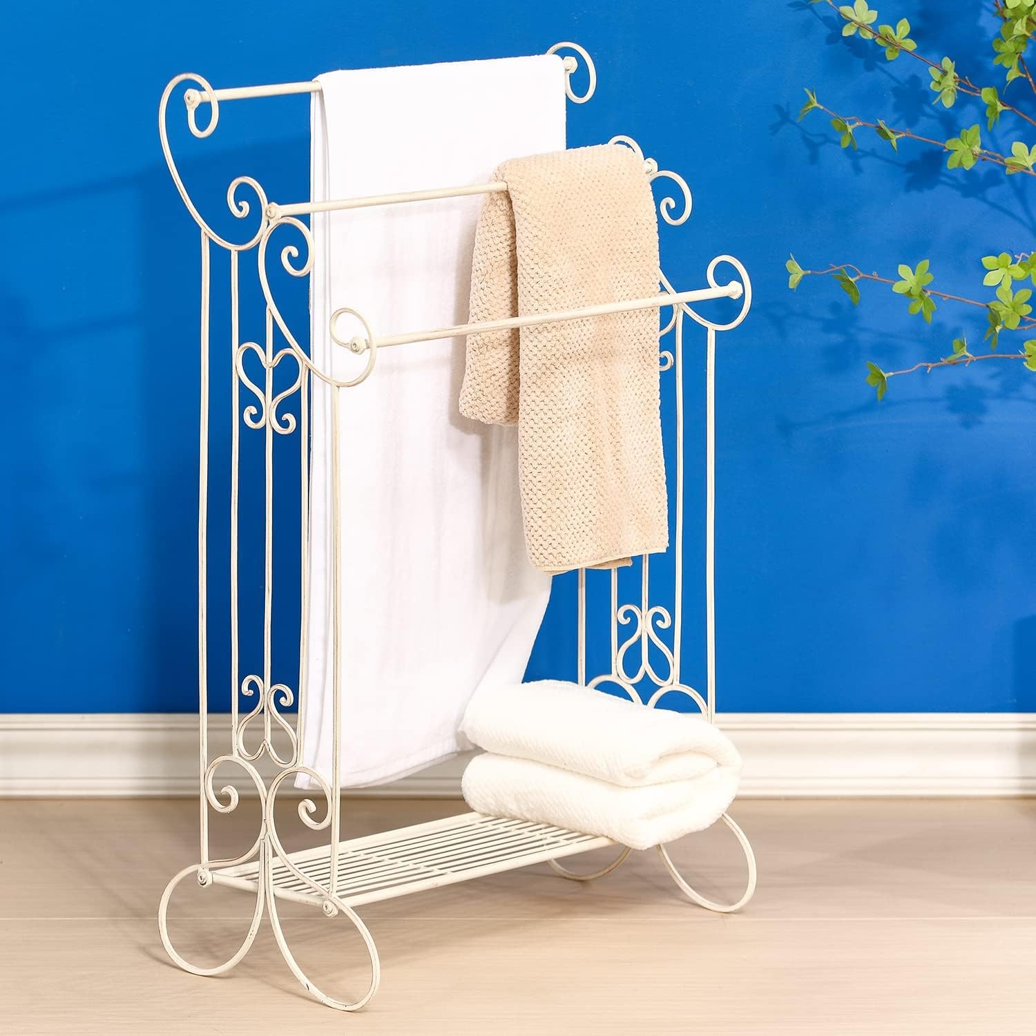 3-Tier Metal Freestanding Towel Rack with Storage Shelf - Heavy Duty Bathroom Organizer for Bath Towels, Hand Towels & Washcloths | Space-Saving Drying Stand for Small Bathrooms, Laundry Rooms & Spa Areas