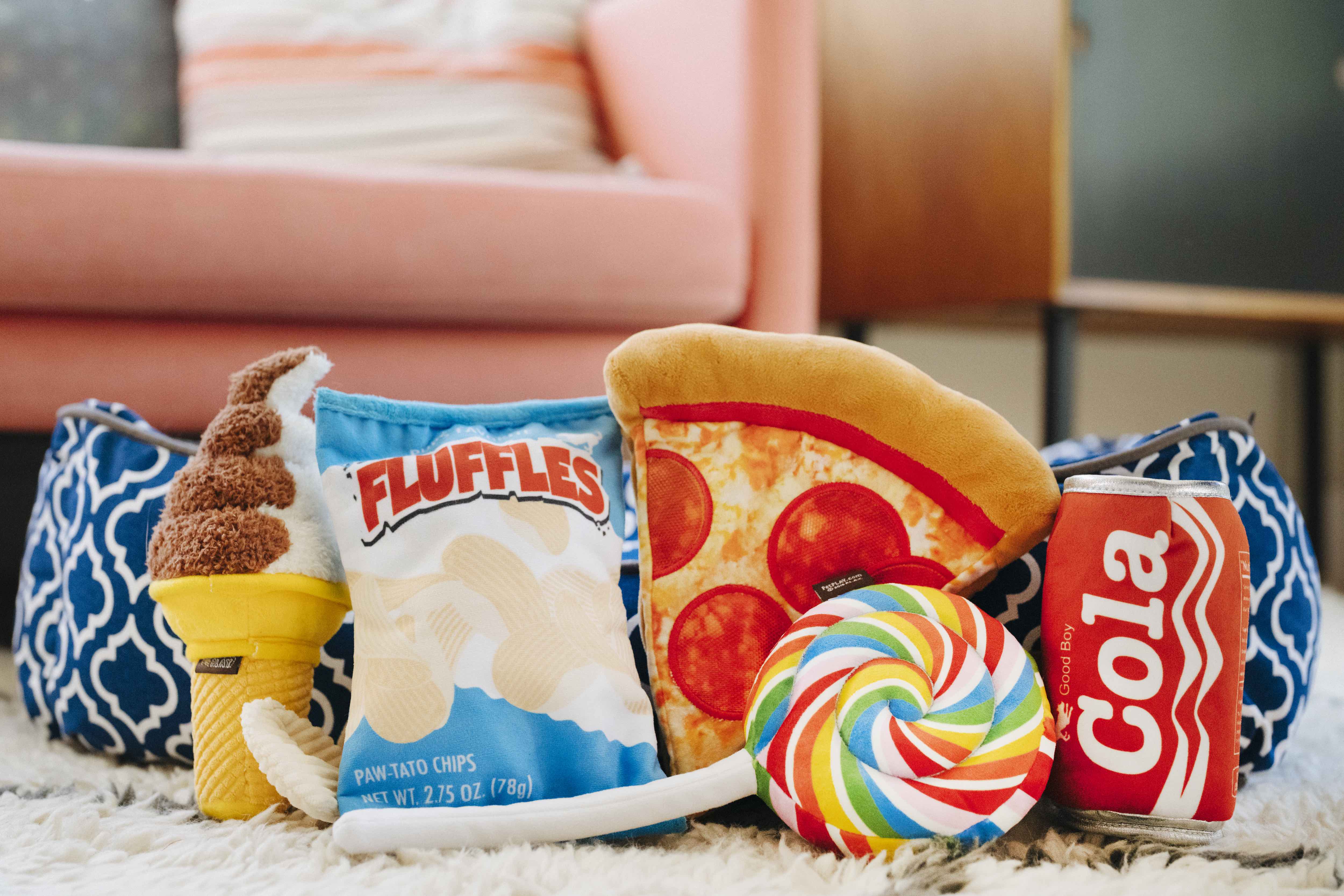 **P.L.A.Y. Snack Attack Squeaky Plush Dog Toys – Good Boy Cola Flavor | Interactive Chew Toy for Small & Medium Dogs | Perfect for Playtime & Training Rewards**
