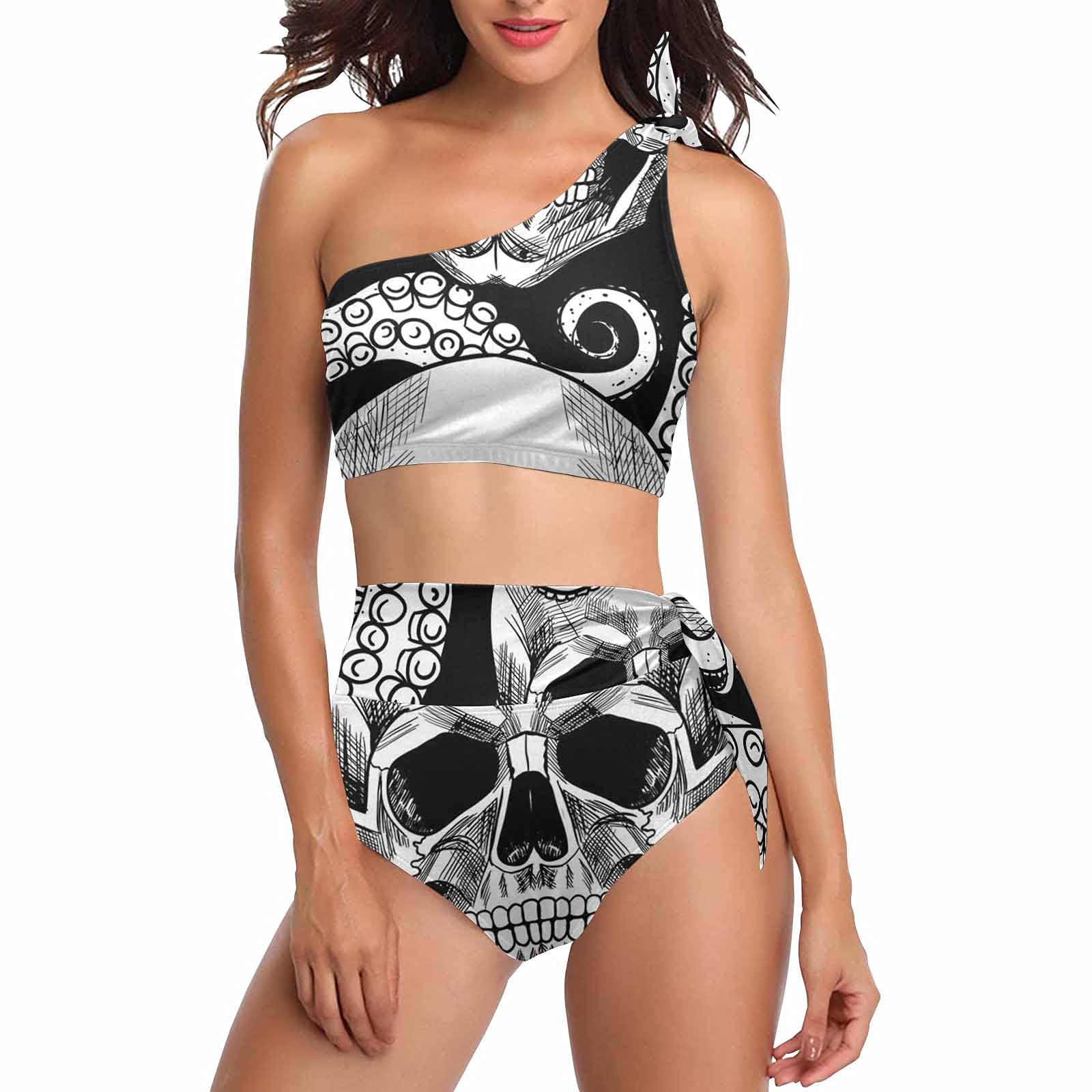 **InterestPrint Skull & Octopus Tentacles Two-Piece Swimwear - One-Shoulder Crop Top Tankini Bikini Set for Women, Beach Vacation & Pool Party**
