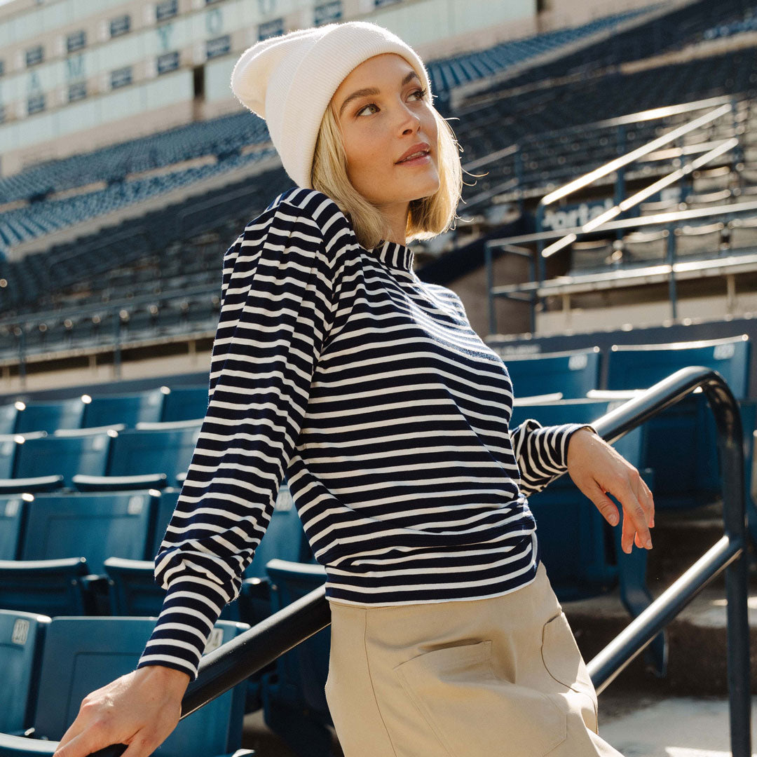 BYU Coco Long Sleeve T-Shirt for Women - Navy Blue Striped Casual Top - Perfect for Work, Travel and Everyday Wear