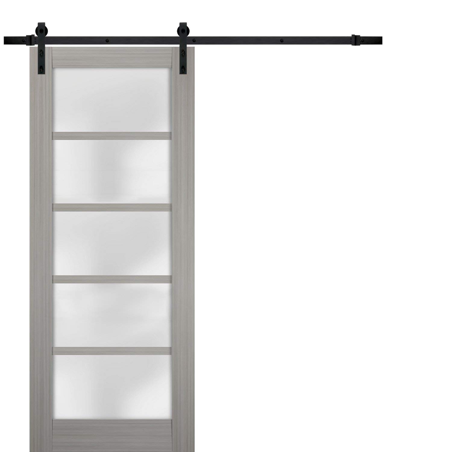 18 x 80 Inch Frosted Glass Barn Door with Quadro 4002 Grey Ash Finish - Heavy Duty Top Mount 6.6FT Rail Hangers Hardware Set for Solid Panel Interior Doors | Perfect for Bedrooms, Closets, and Home Office Spaces