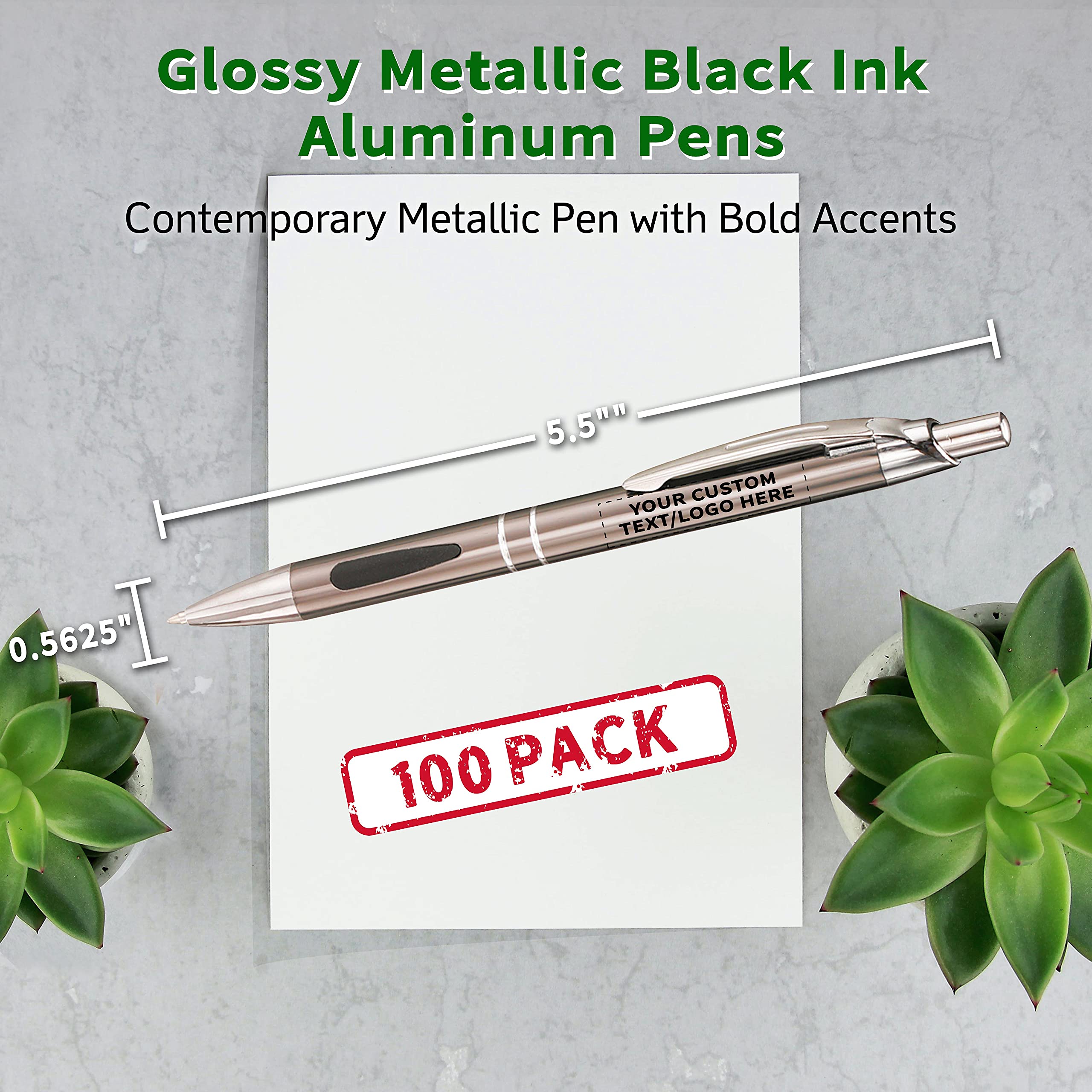 100 Pack Black Ink Metal Pens with Custom Text & Logo - Retractable Ballpoint Pens with Silver Accents - Premium Office & School Supplies for Business Gifts, Promotions & Everyday Writing