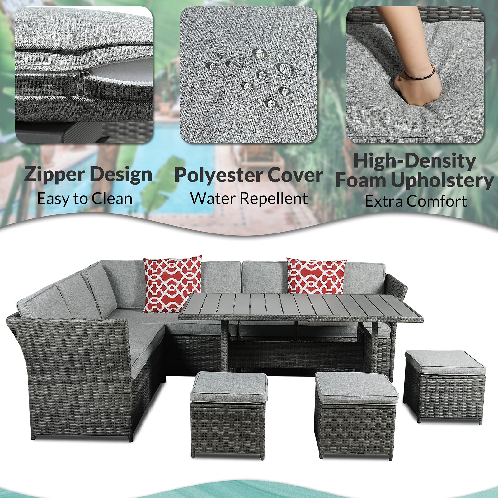 MEETWARM 7-Piece All-Weather Wicker Patio Furniture Set - Outdoor Rattan Sectional Sofa with Ottoman, Coffee Table & Chairs - Gray Conversation Set for Garden, Poolside & Backyard Relaxation