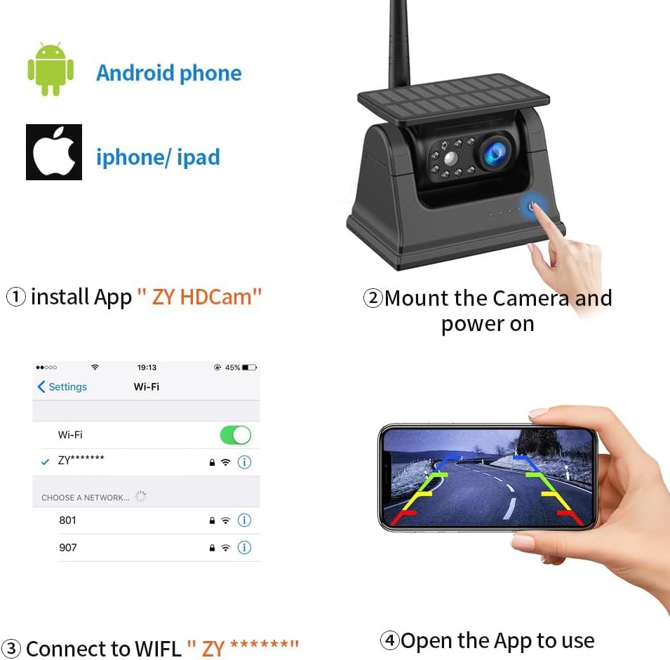 OBEST Magnetic Wireless Backup Camera with Solar WiFi, Built-in Battery & Infrared Night Vision - Universal Rear View Camera for iOS/Android - Perfect for Trucks, RVs, Trailers & Parking Safety