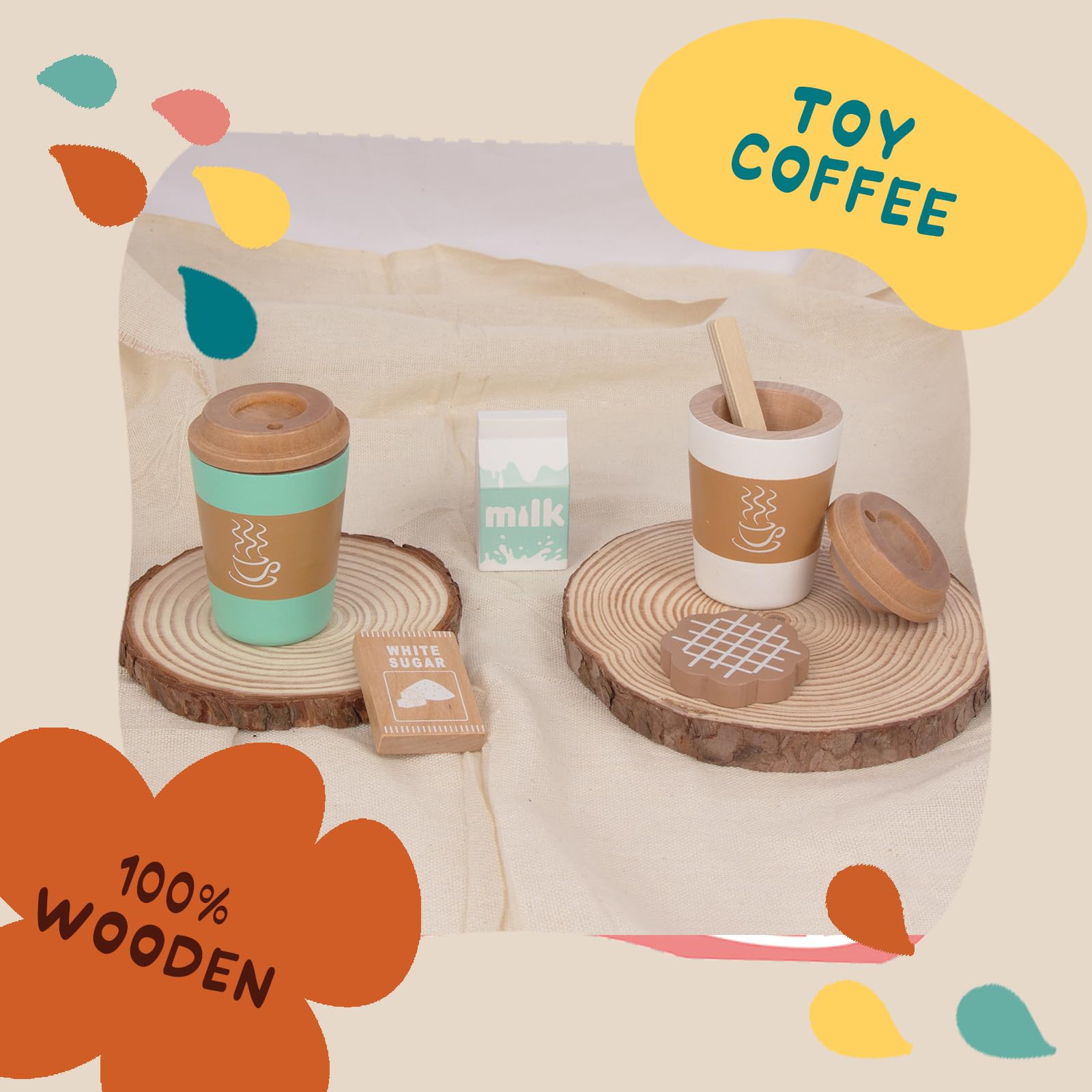 Wooden Pretend Play Coffee Cup Toys, Realistic Fake Food Play Kitchen Accessories, Educational Toddler Birthday Gift for Kids - Perfect for Role-Playing & Kitchen Fun