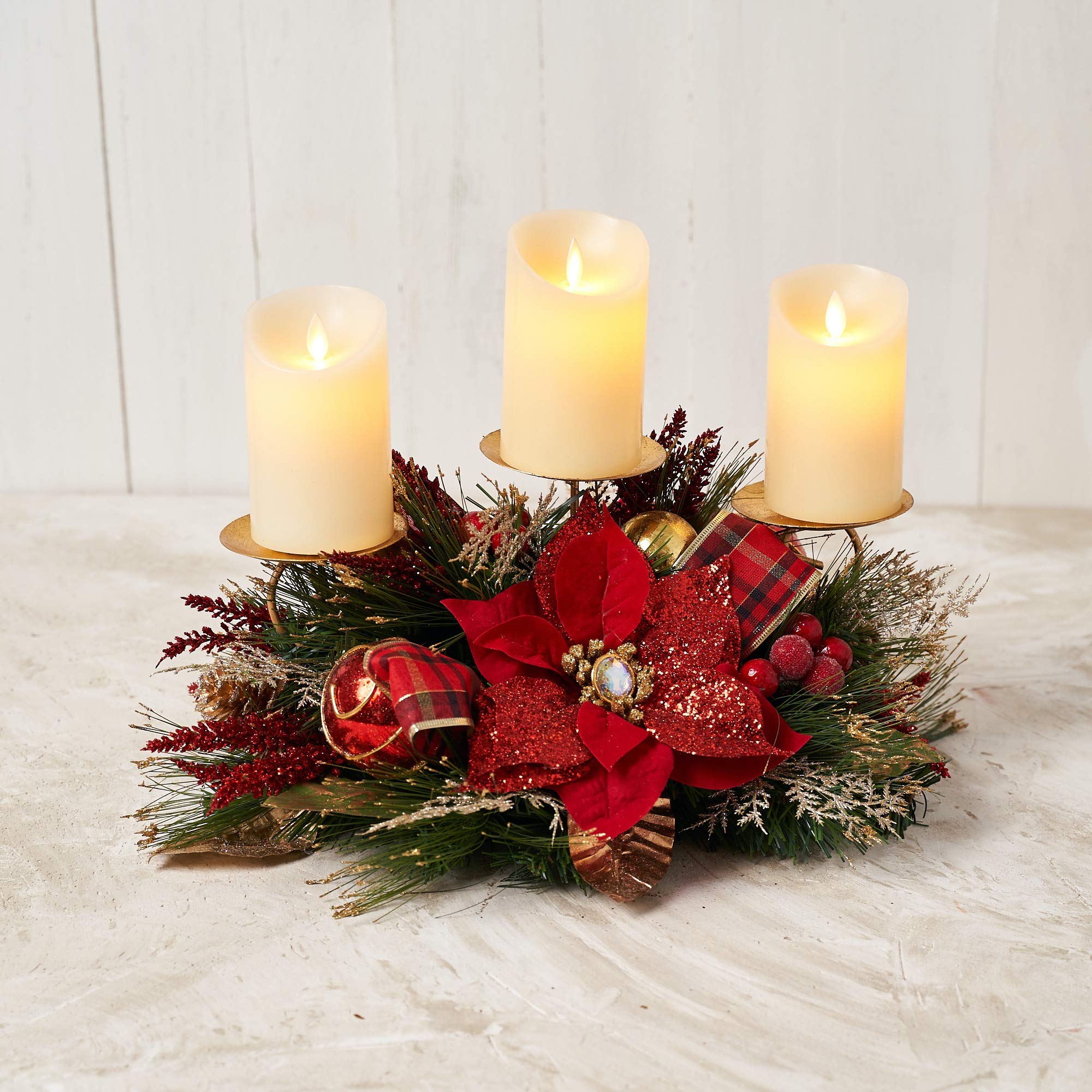 Christmas Candle Holder - Red Poinsettia Triple Candle Holder with Glitter, Faux Florals & Berries - Holiday Table Decor for Christmas Dinner, Mantel, or Festive Home Decor