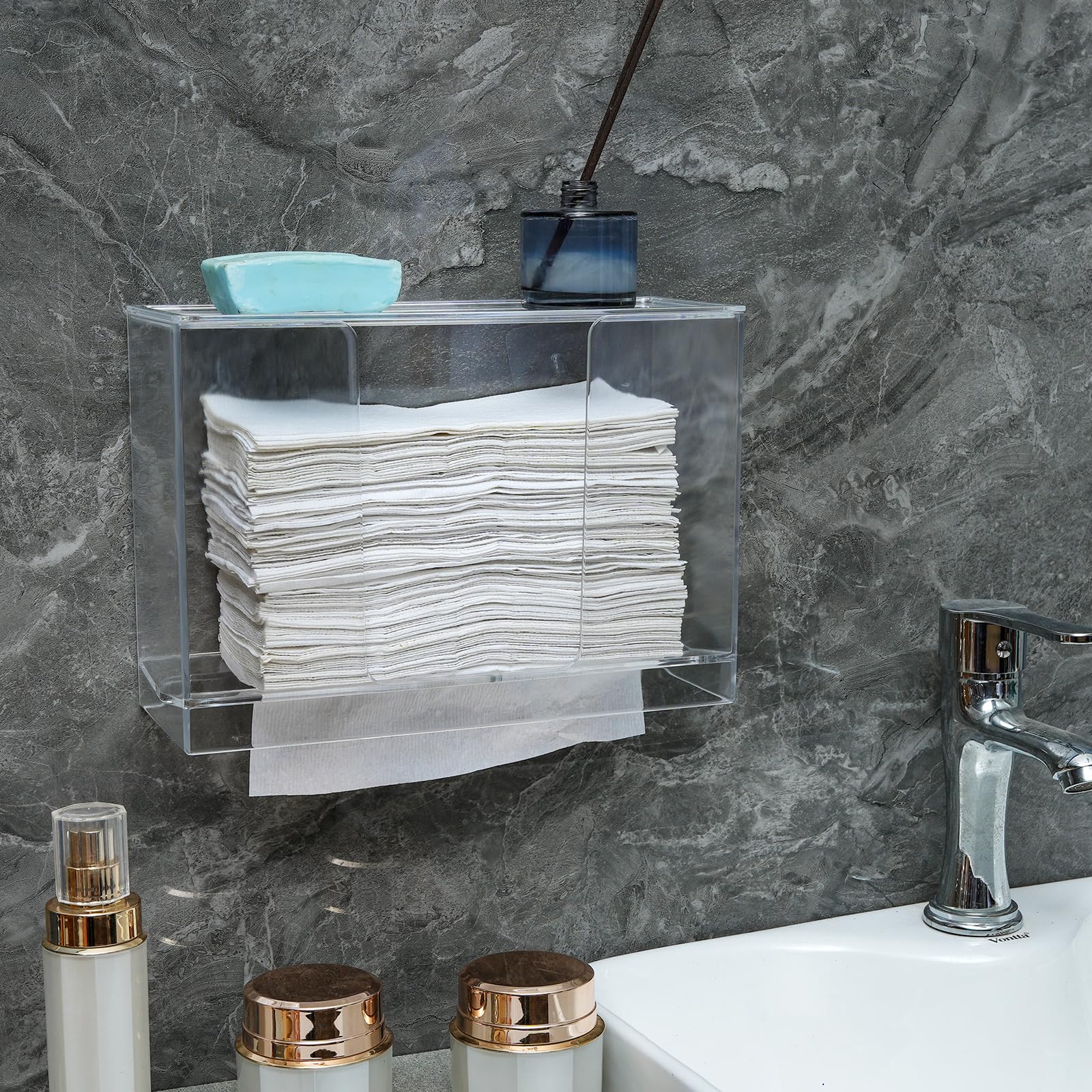 Wall Mount Clear Multifold Paper Towel Dispenser with Lid - Holds Z-Fold, C-Fold & Multi-Fold Paper Towels - Countertop or Bathroom Toilet & Kitchen Use for Home or Office