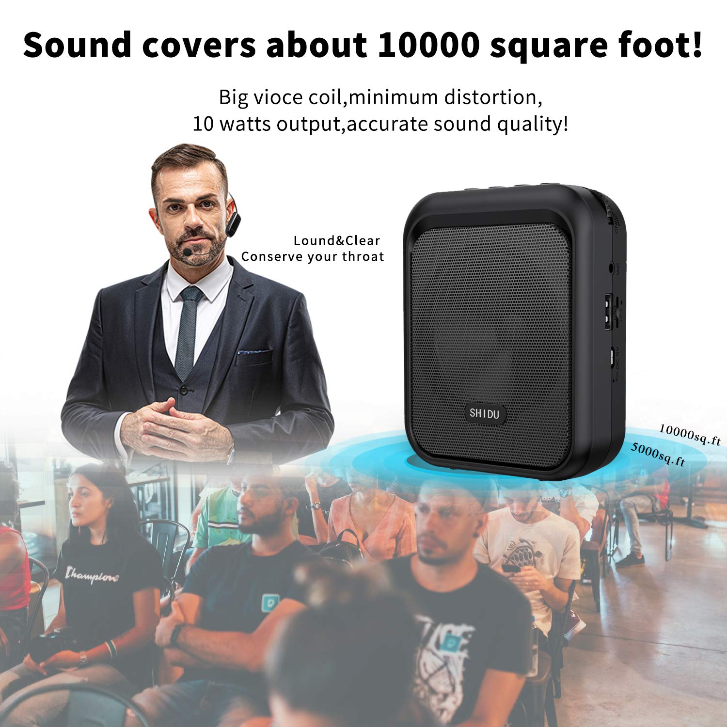 SHIDU Mini Voice Amplifier Portable Bluetooth Speaker with UHF Wireless Microphone Headset - 10W 1800mAh PA System for Teachers, Coaches, Tour Guides - Supports MP3 Format - Ideal for Classroom, Outdoor Training, Public Speaking & Presentations