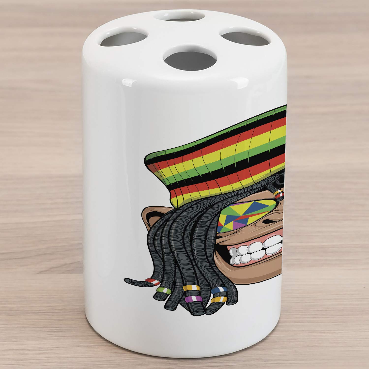 Ambesonne Tropical Animals Ceramic Toothbrush Holder - Chimpanzee with Dreadlocks & Cap Hippie Musician Monkey Boho Design, 4.5