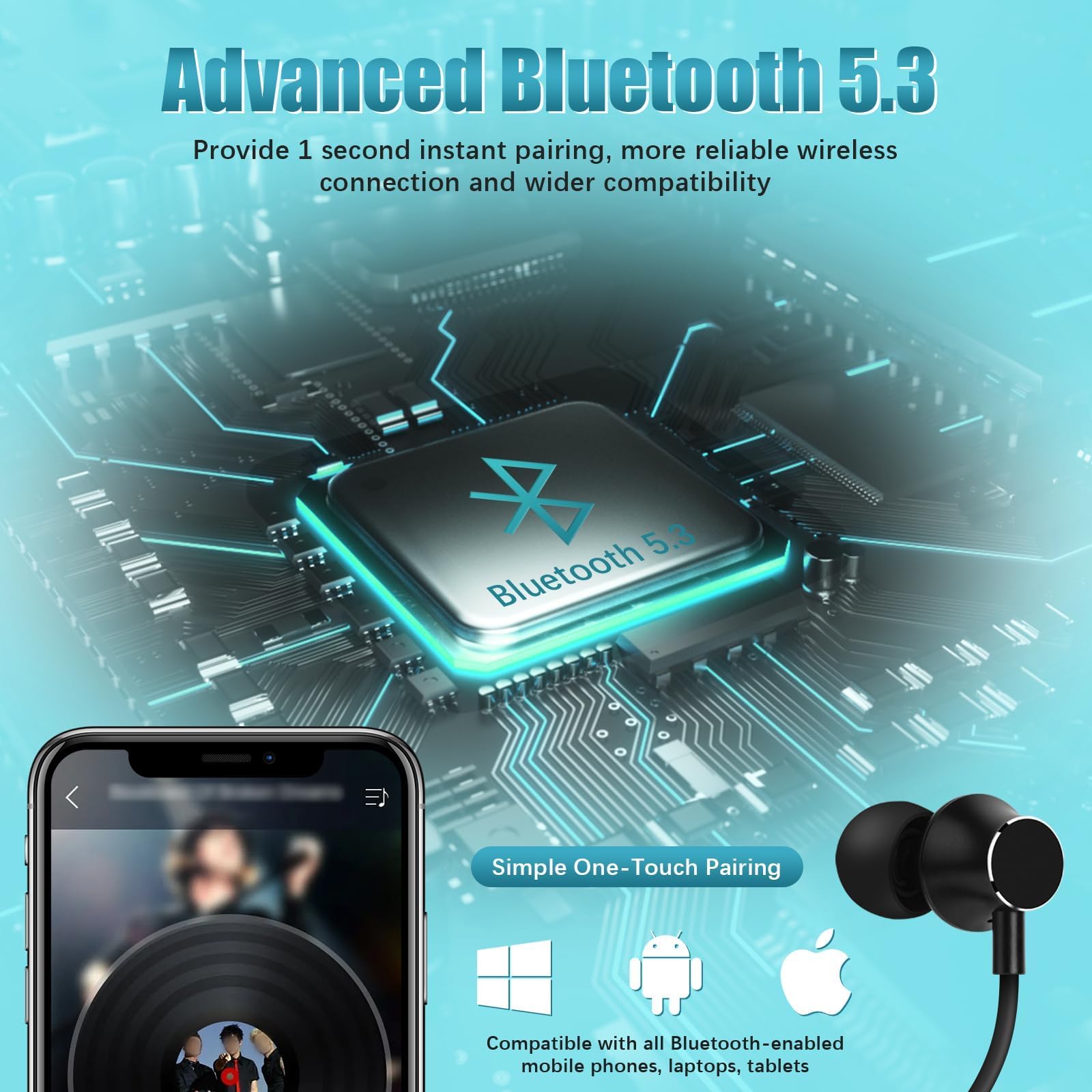 Wireless Bluetooth Neckband Headphones with 200H Playtime, Stereo Sound & Built-in Mic - IPX5 Waterproof, Balanced Armature Drivers for Running, Gym Workouts & Office Use (Cyan Green)