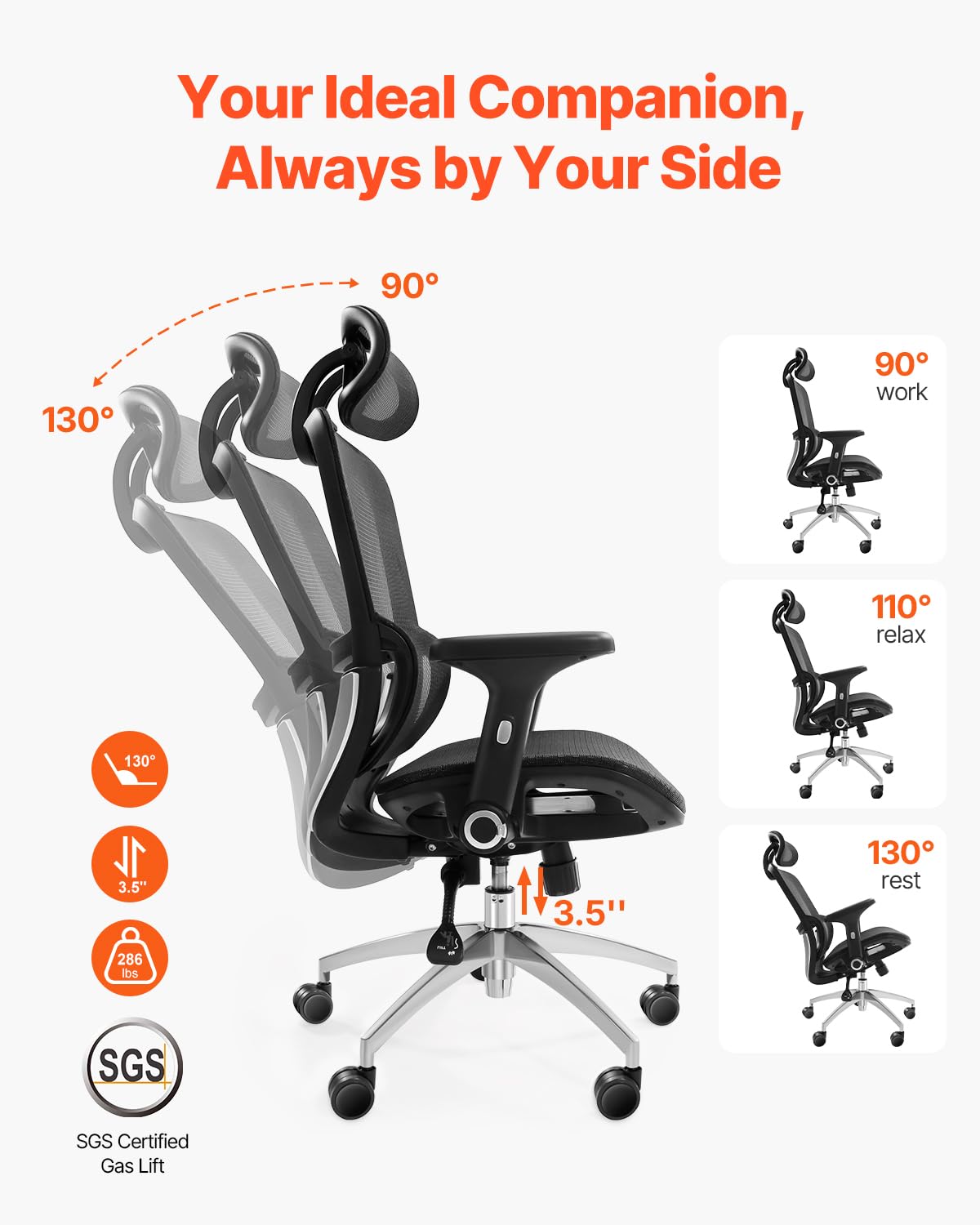 VEVOR Ergonomic Office Chair - High Back Mesh Desk Chair with Adjustable Headrest & Lumbar Support, Rolling Computer Chair for Home & Office Workspaces - Perfect for Long Hours of Comfortable Sitting