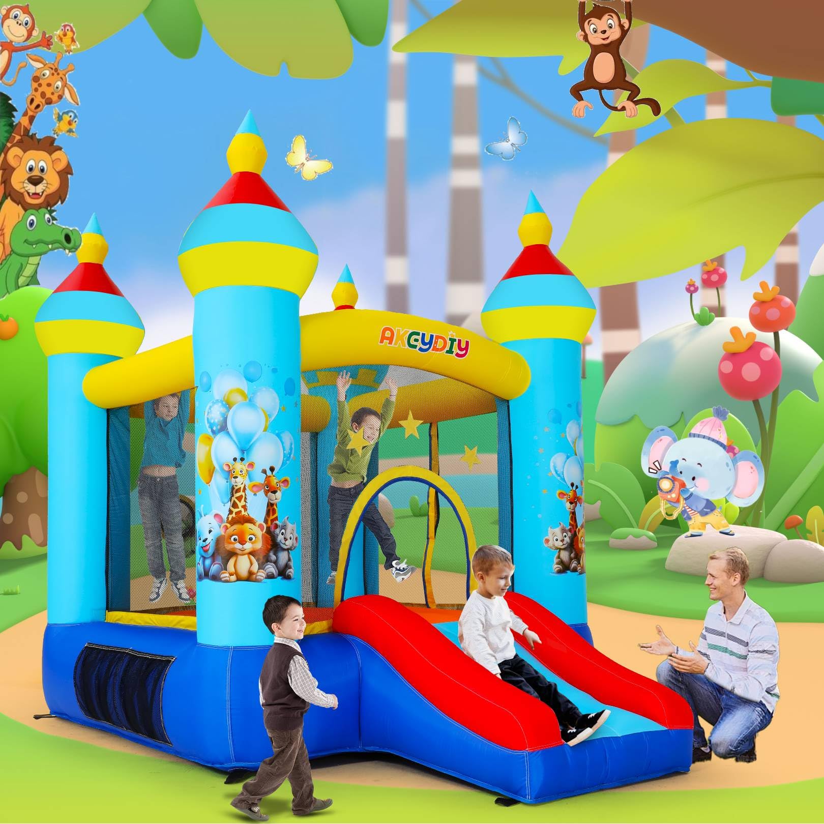 AKEYDIY Inflatable Bounce House for Kids Ages 3-8 - Tropical Jungle Themed Outdoor/Indoor Bouncy Castle with Slide, Jumping Area & Ball Toss Game - Includes Blower - Perfect for Birthday Parties, Backyard Play & Family Gatherings