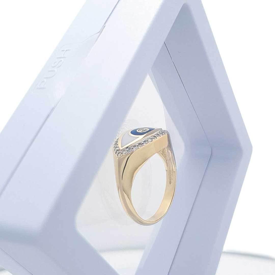 14K Yellow Gold Evil Eye Ring with 33 Diamonds & Enamel – Protection Jewelry for Women, Gift for Her, Birthday & Anniversary Present, Spiritual & Stylish Accessory