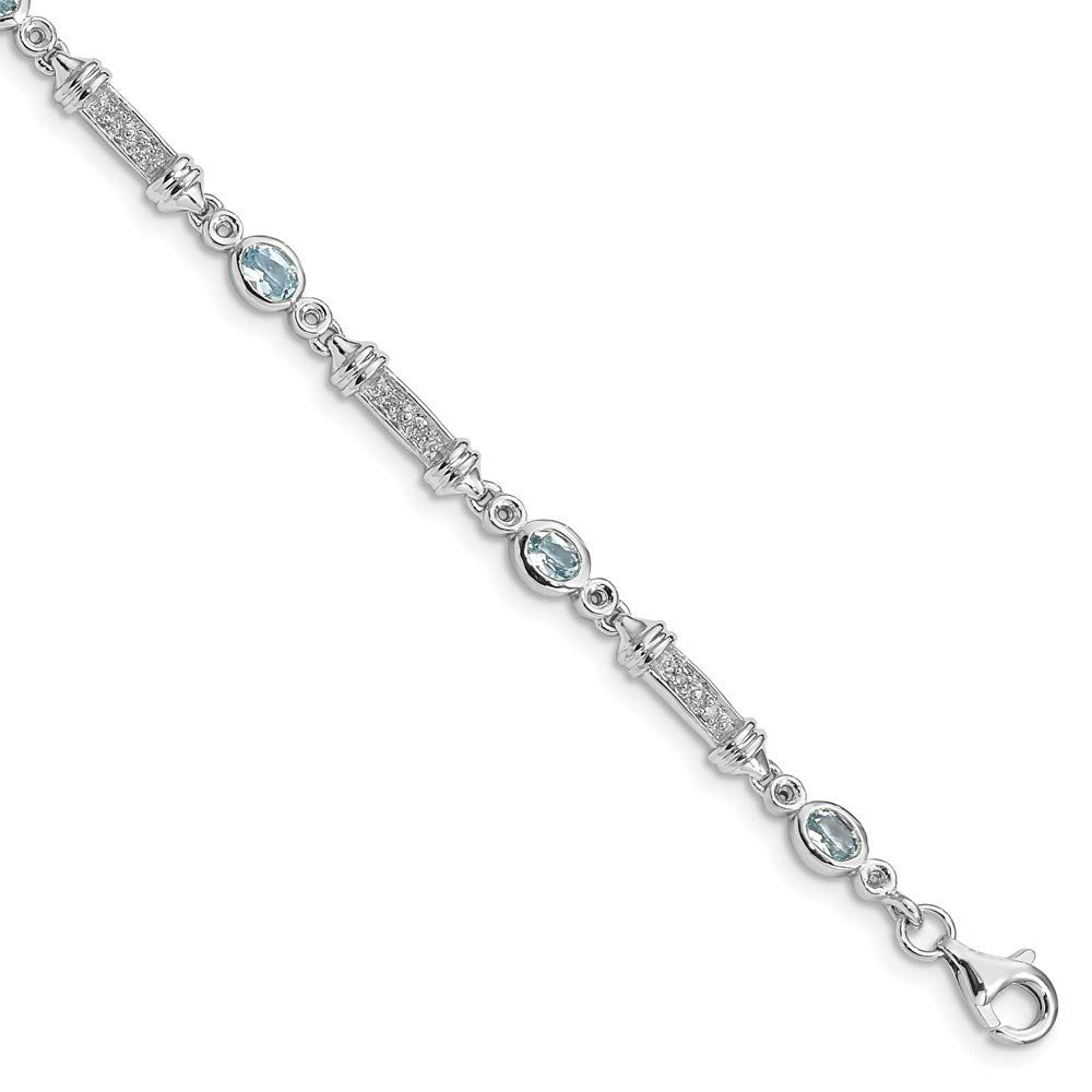 925 Sterling Silver Textured Polished Fancy Lobster Clasp Aquamarine & Diamond Bracelet for Women | Elegant Jewelry Gift for Birthday, Anniversary & Special Occasions