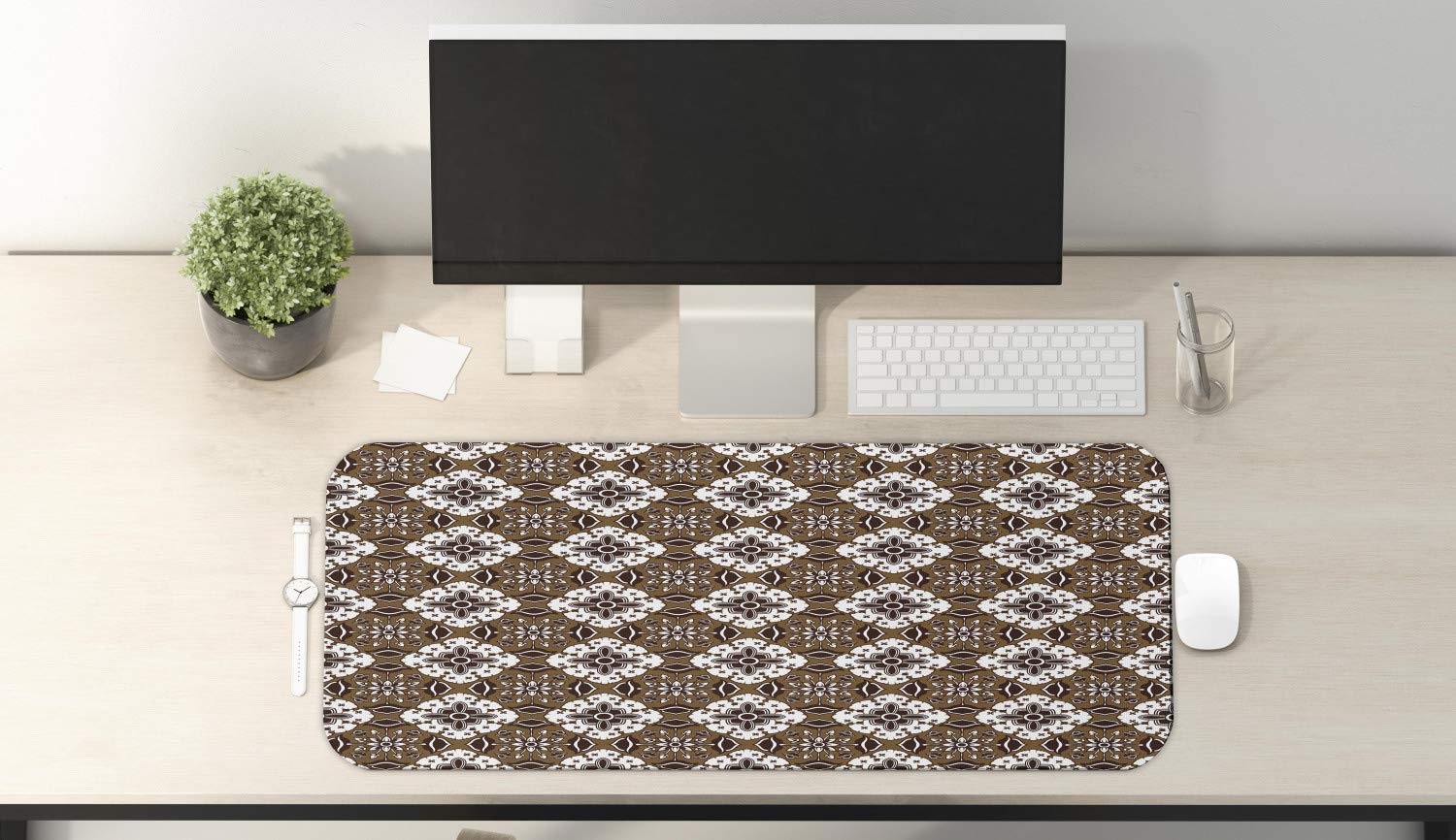 Ambesonne Large Chocolate Brown Computer Mouse Pad - Non-Slip Rubber Gaming Mouse Mat with Indonesian Batik Floral Pattern, 31