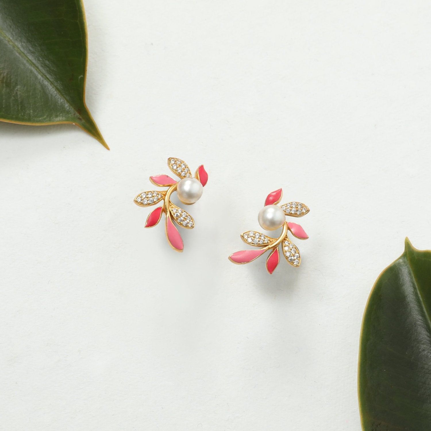 Eriha Pearl & CZ Pink Leaf Stud Earrings for Women – Elegant Floral Jewelry Gift for Wedding, Party & Everyday Wear