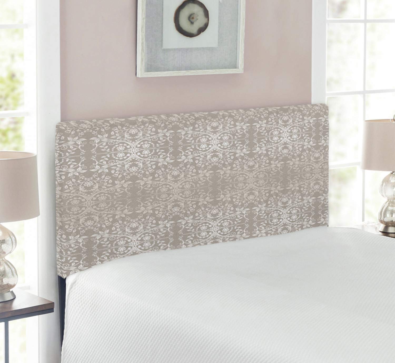 Ambesonne Grey Upholstered Headboard with Memory Foam - Victorian Lace Floral Design in Warm Taupe & Beige - Twin Size Metal Bed Frame for Vintage Bedroom Decor | Perfect for Guest Rooms, Master Bedrooms & Cozy Cottage Style Homes