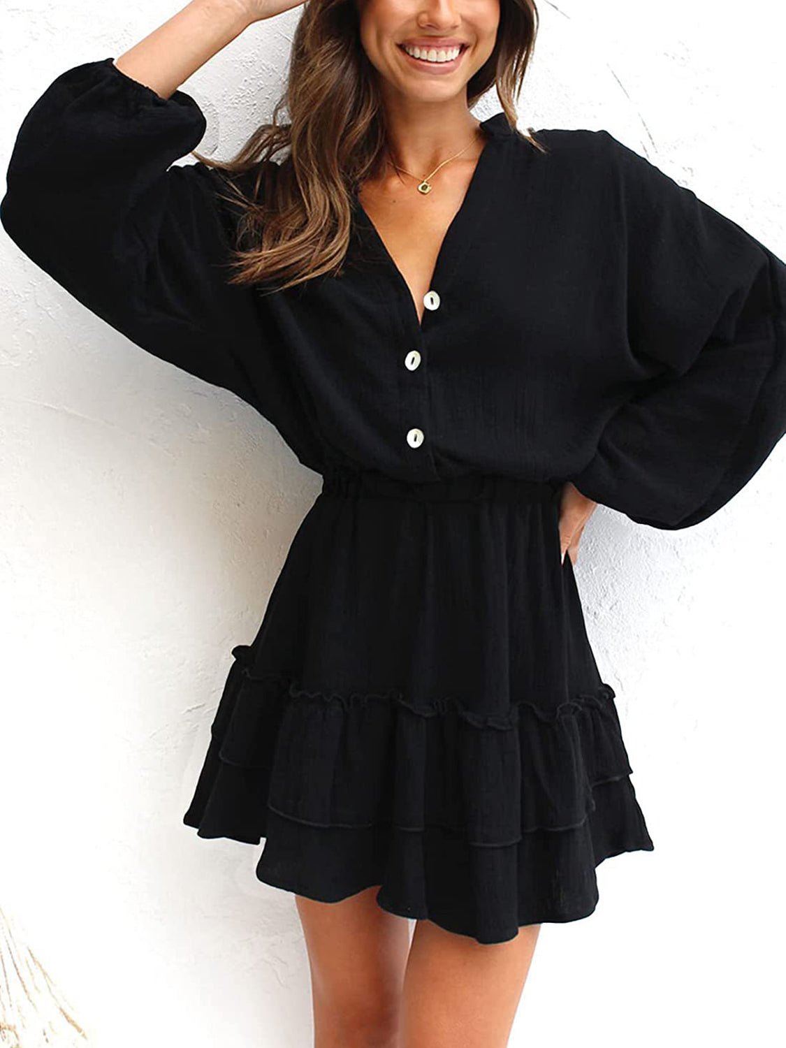 Elegant Ruffled Notched Balloon Sleeve Mini Dress for Women - Flirty Party & Cocktail Outfit - Perfect for Date Night, Wedding Guest & Summer Events
