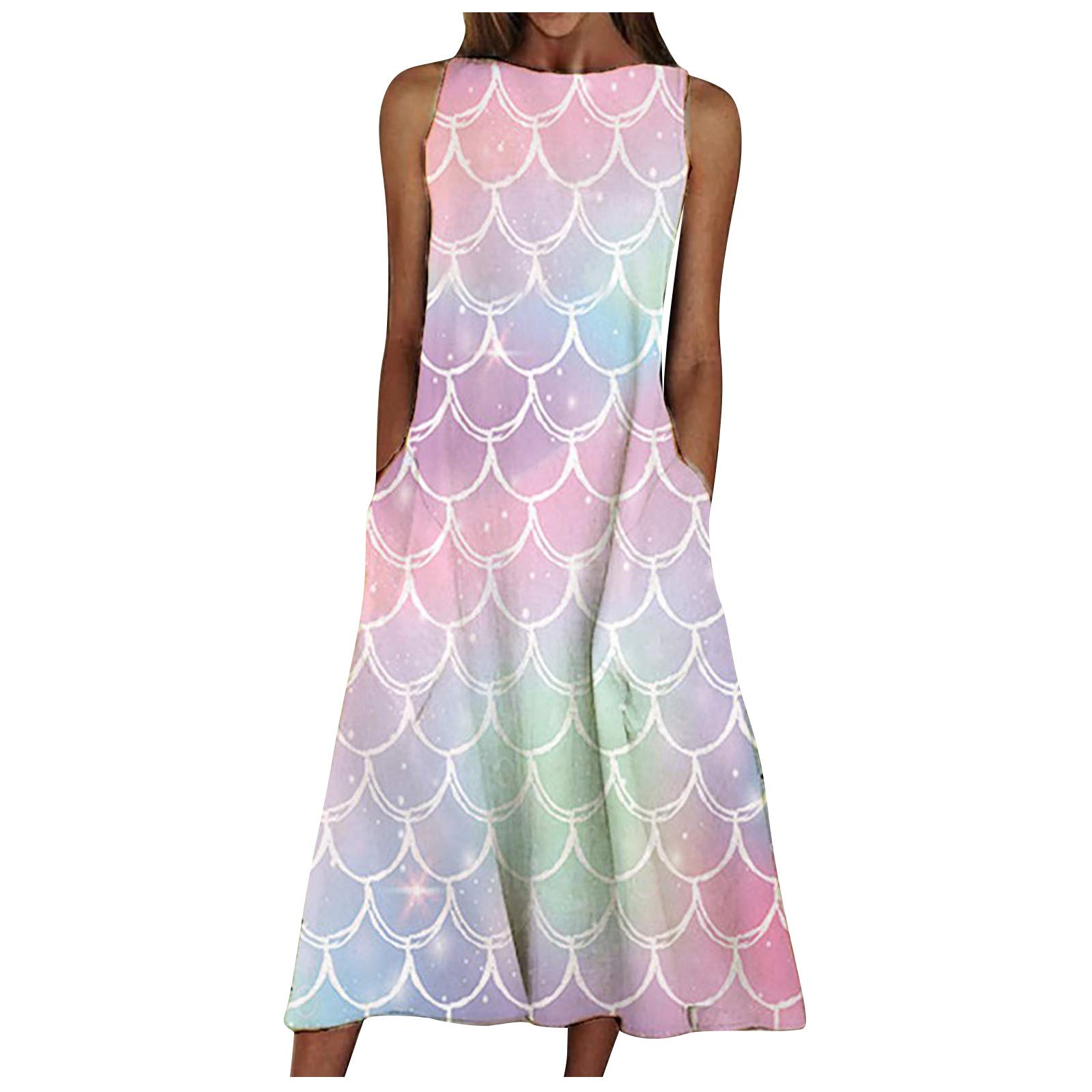 Floral Print Round Neck Sleeveless Summer Dress with Pockets - Women's Casual Flowy Dress for Beach, Vacation & Outdoor Activities