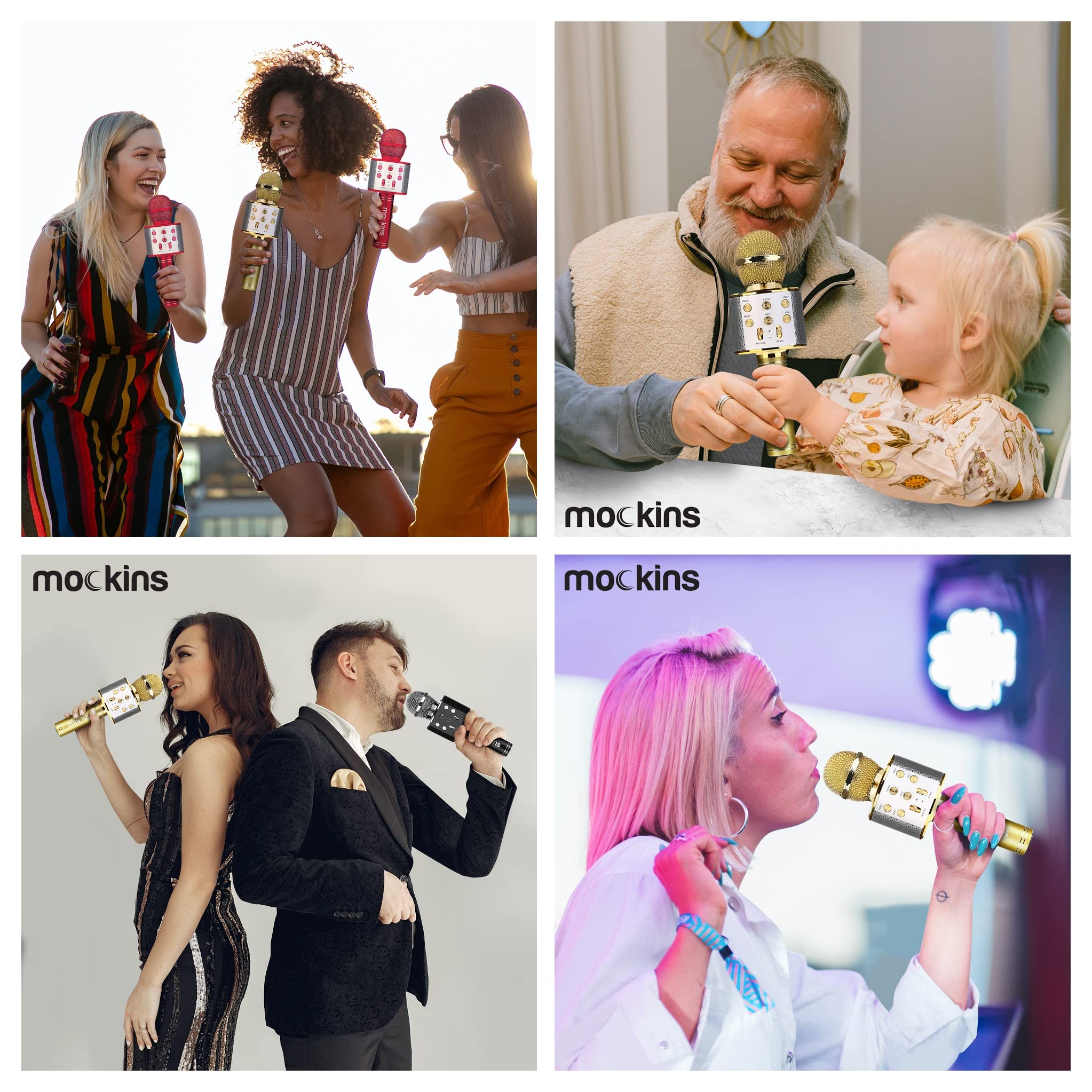 Mockins Gold Bluetooth Karaoke Microphone for Kids - Wireless Singing Mic with Built-in Speaker, Compatible with iPhone & Android - Perfect for Home Parties, Birthday Gifts & Family Entertainment