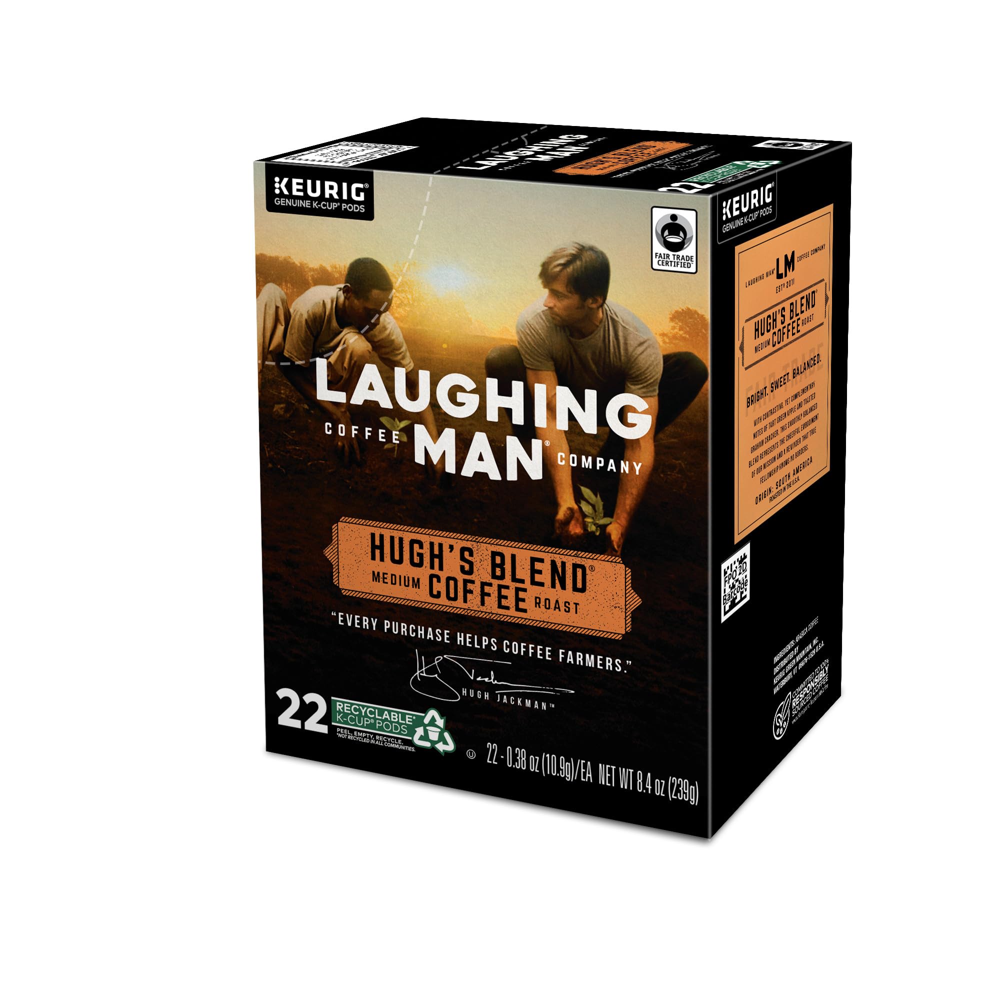 Laughing Man Hugh’s Blend Fair Trade Medium Roast Arabica Coffee Pods - 88 Recyclable K-Cups (4 Packs of 22) for Keurig Single-Serve Coffee Makers | Perfect for Home, Office & Morning Brews