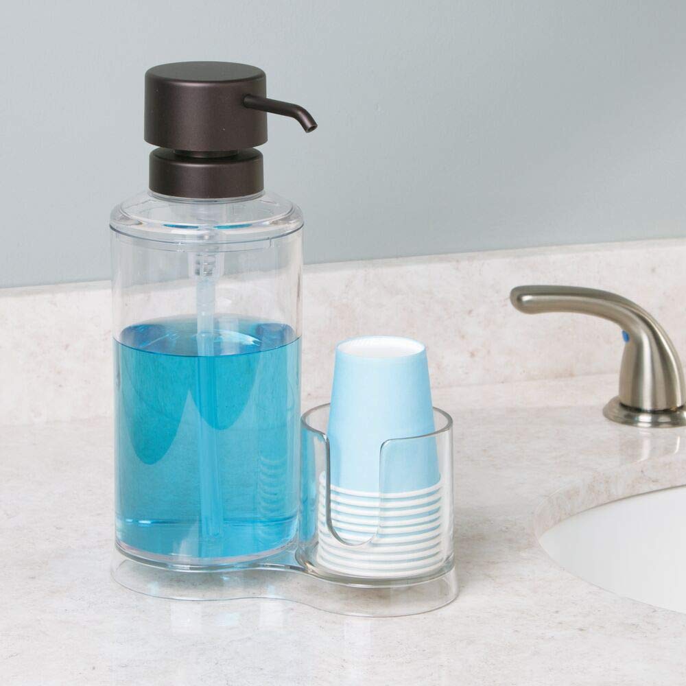 mDesign Plastic Refillable Mouthwash Dispenser with 8 Paper Cups - Bathroom Vanity Organizer for Countertop & Cupboard - Clear/Bronze Lumiere Collection - Perfect for Home, Hotel & Dental Office Use