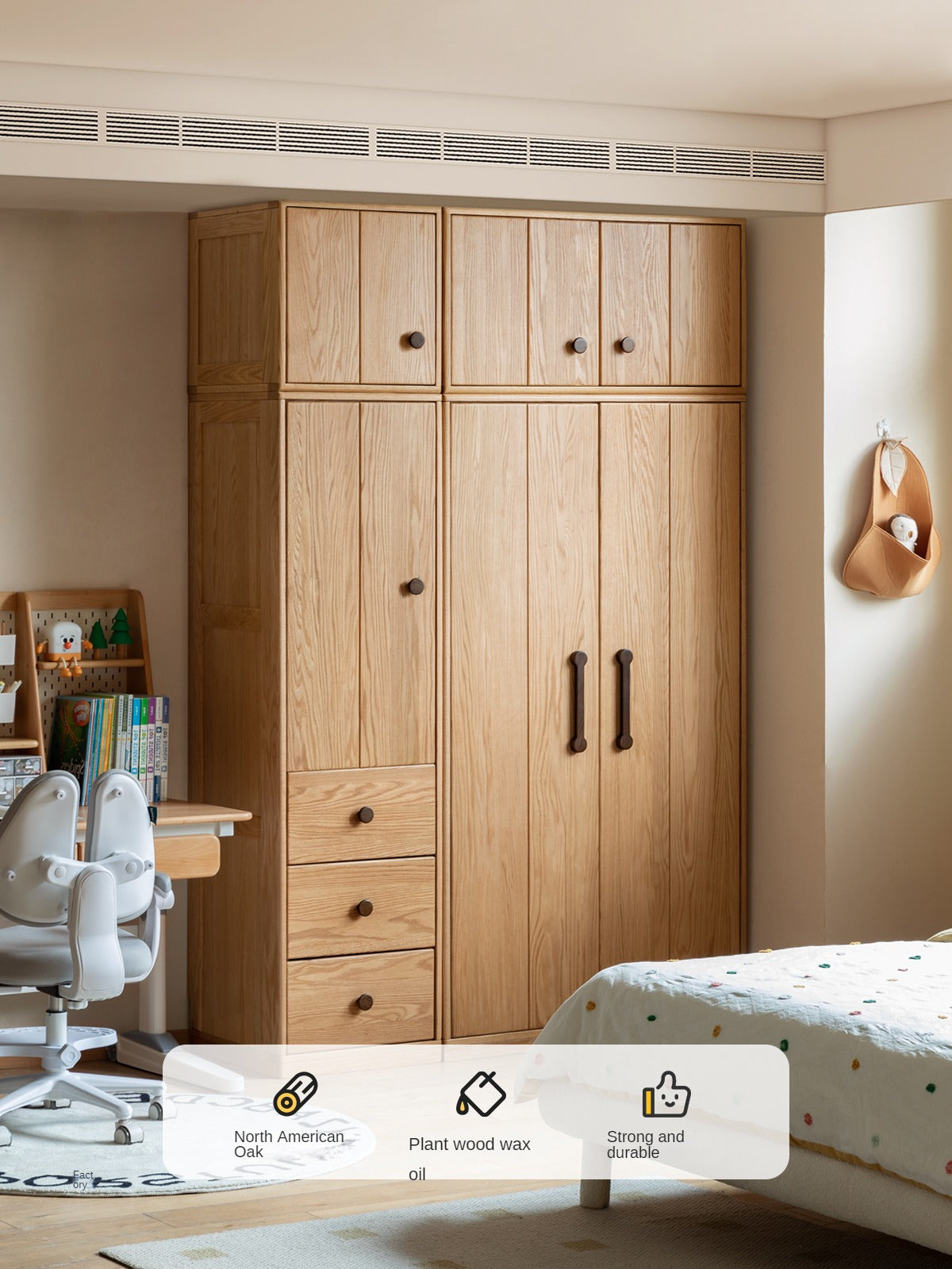 Solid Oak Wood Kids Wardrobe - Durable & Stylish Children's Closet Organizer for Bedroom, Nursery, or Playroom Storage