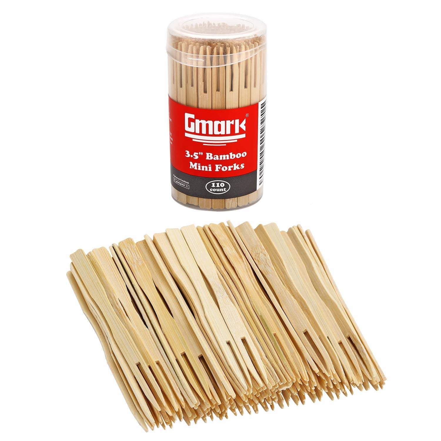 Gmark 3.5 Inch Bamboo Forks - 110 Pack Mini Food Picks for Appetizers, Cocktails, Pastries & Desserts | Eco-Friendly Two-Prong Cocktail Forks for Parties, Buffets & Catering Events | GM1031A