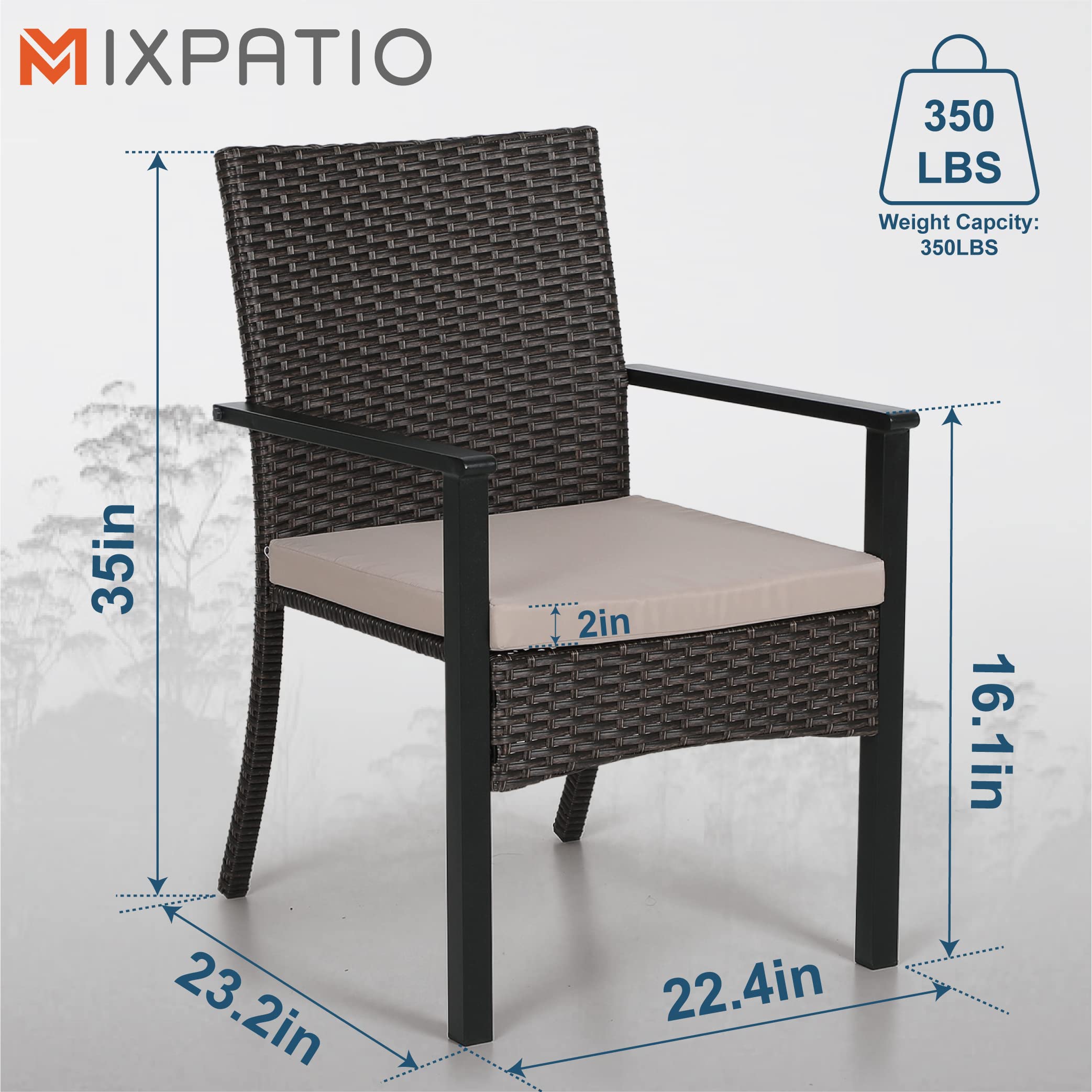 2-Piece Rattan Patio Dining Chairs Set - Weather-Resistant Wicker Outdoor Chairs with Sturdy Metal Frame & Comfortable Cushions - 350lbs Weight Capacity - Perfect for Patio, Garden, Backyard, Lawn & Outdoor Dining