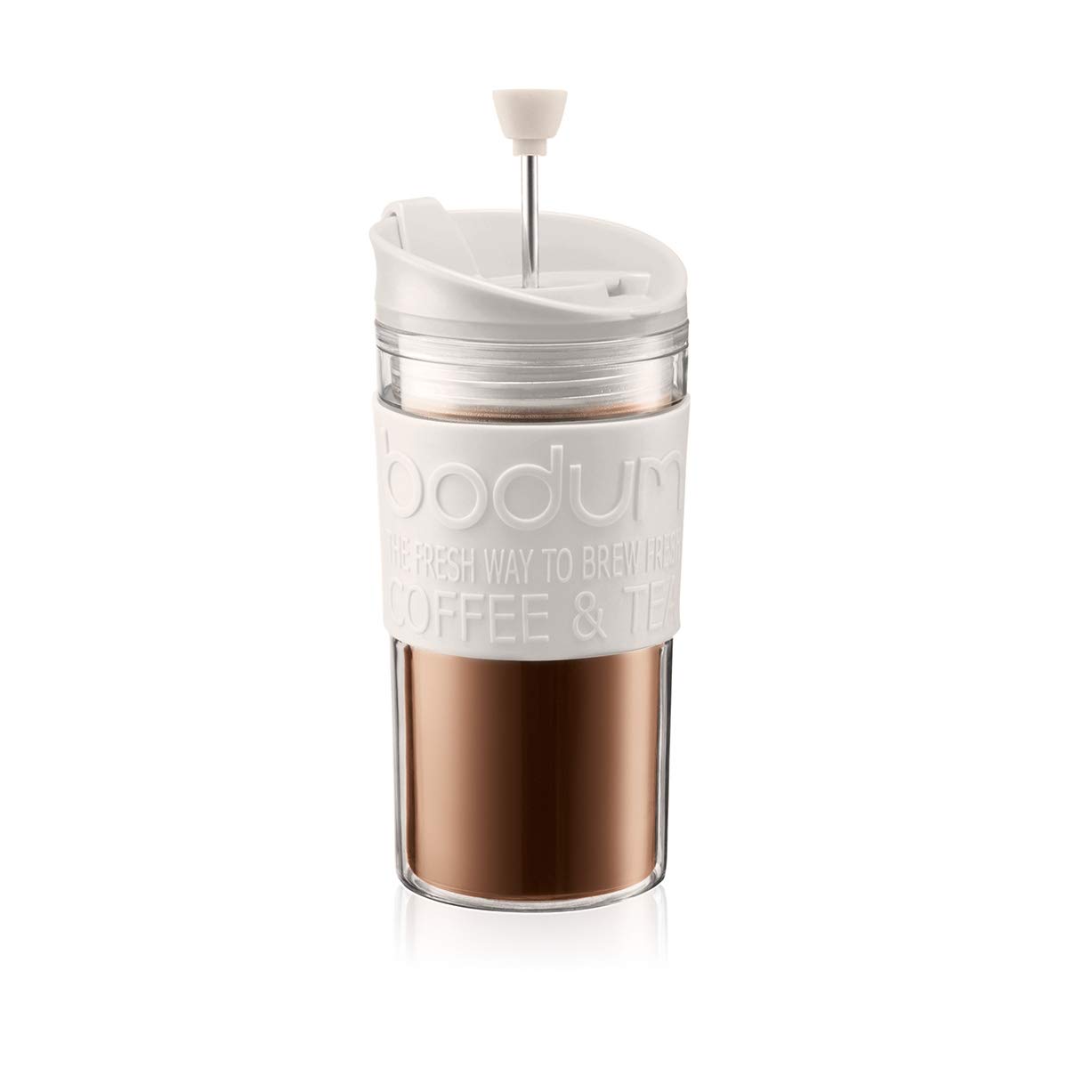 Bodum Travel Press Coffee Maker – Double Wall Insulated, 12 oz (0.35L) Portable French Press with Flip Top Lid – Perfect for Camping, Office & On-the-Go Coffee Lovers (Off White)