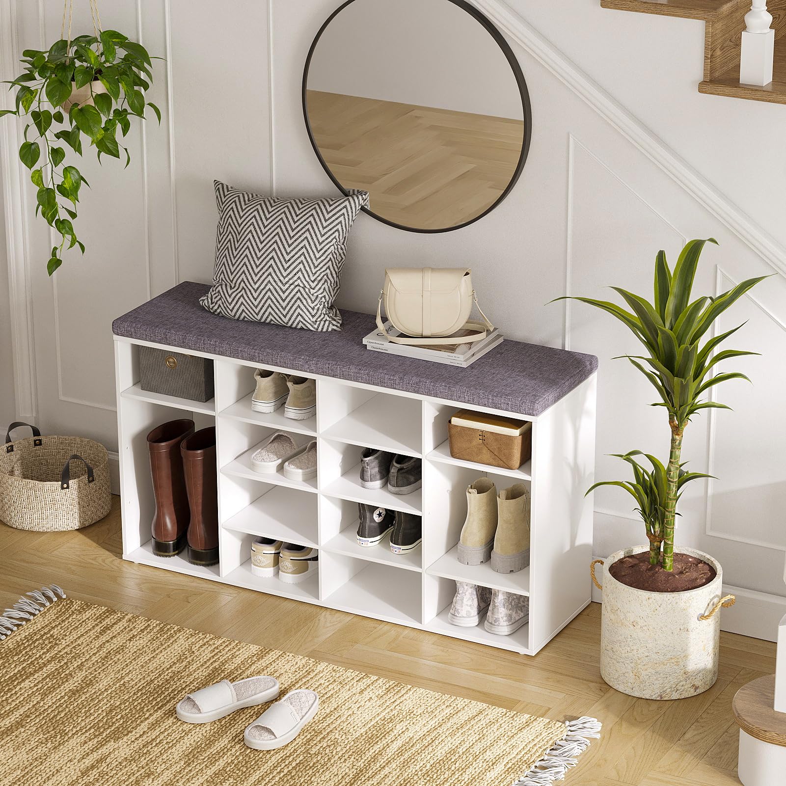 DINZI LVJ 16-Cubby Shoe Storage Bench with Cushion, Adjustable Shelves, Multifunctional Entryway Organizer - Perfect for Mudroom, Hallway, Living Room, Bedroom & Garage (White) | Space-Saving Shoe Rack & Seating Solution for Home Organization