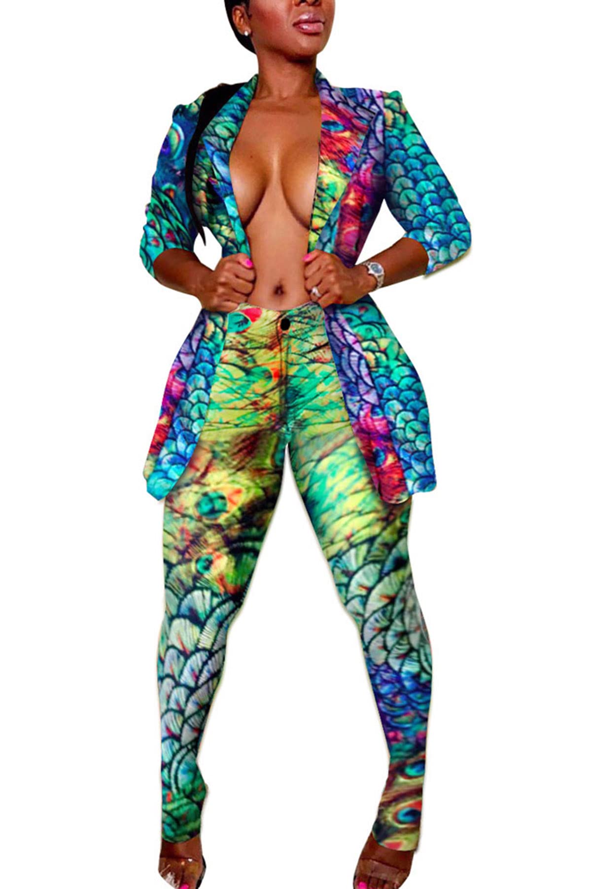 Women's Sexy 2-Piece Outfit Set - Open Front Blazer Jacket with Thigh-High Stockings & Leggings Pants | Perfect for Date Night, Club Wear & Office Fashion