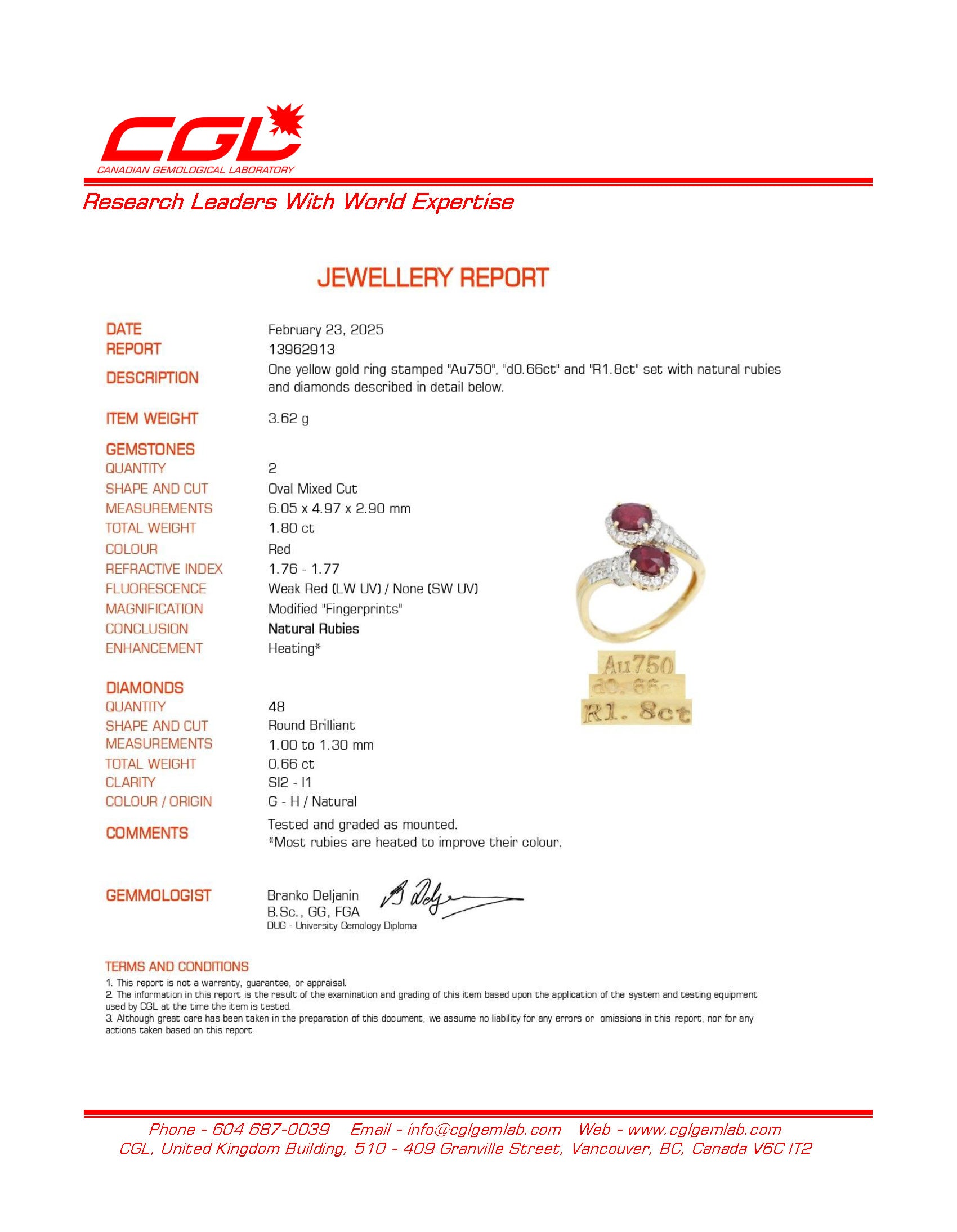 18K Gold Toi et Moi Vivid Red Ruby & Diamond Bypass Ring | 1.80ctw Ruby & 0.66ctw Diamond | Size 6.5 | Elegant Promise Ring, Anniversary Gift, Valentine's Day Jewelry for Her