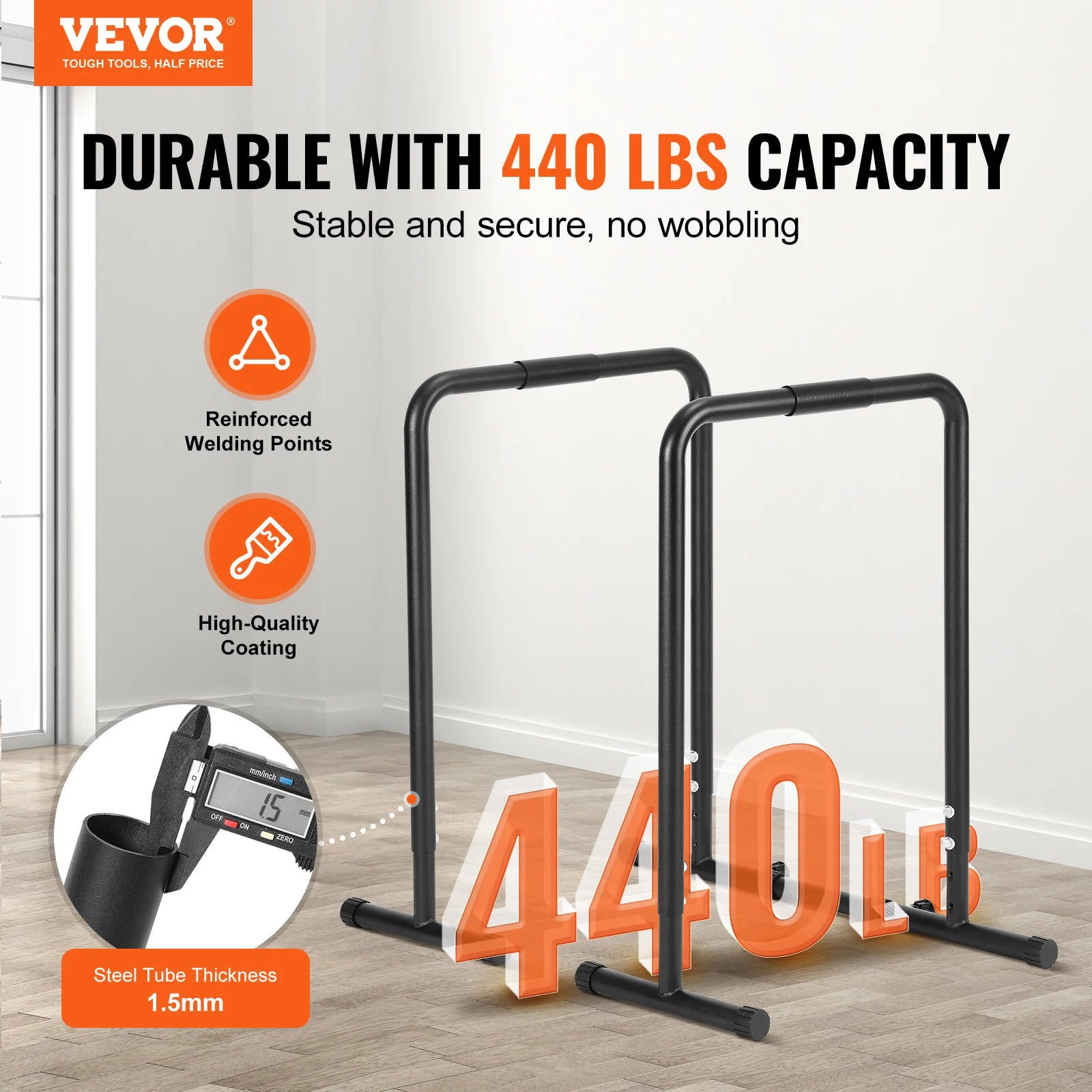 VEVOR Heavy Duty Adjustable Height Dip Bar Station - 440/500lbs Capacity for Strength Training, Calisthenics & Home Gym Workouts - Perfect for Pull-ups, Dips & Bodyweight Exercises