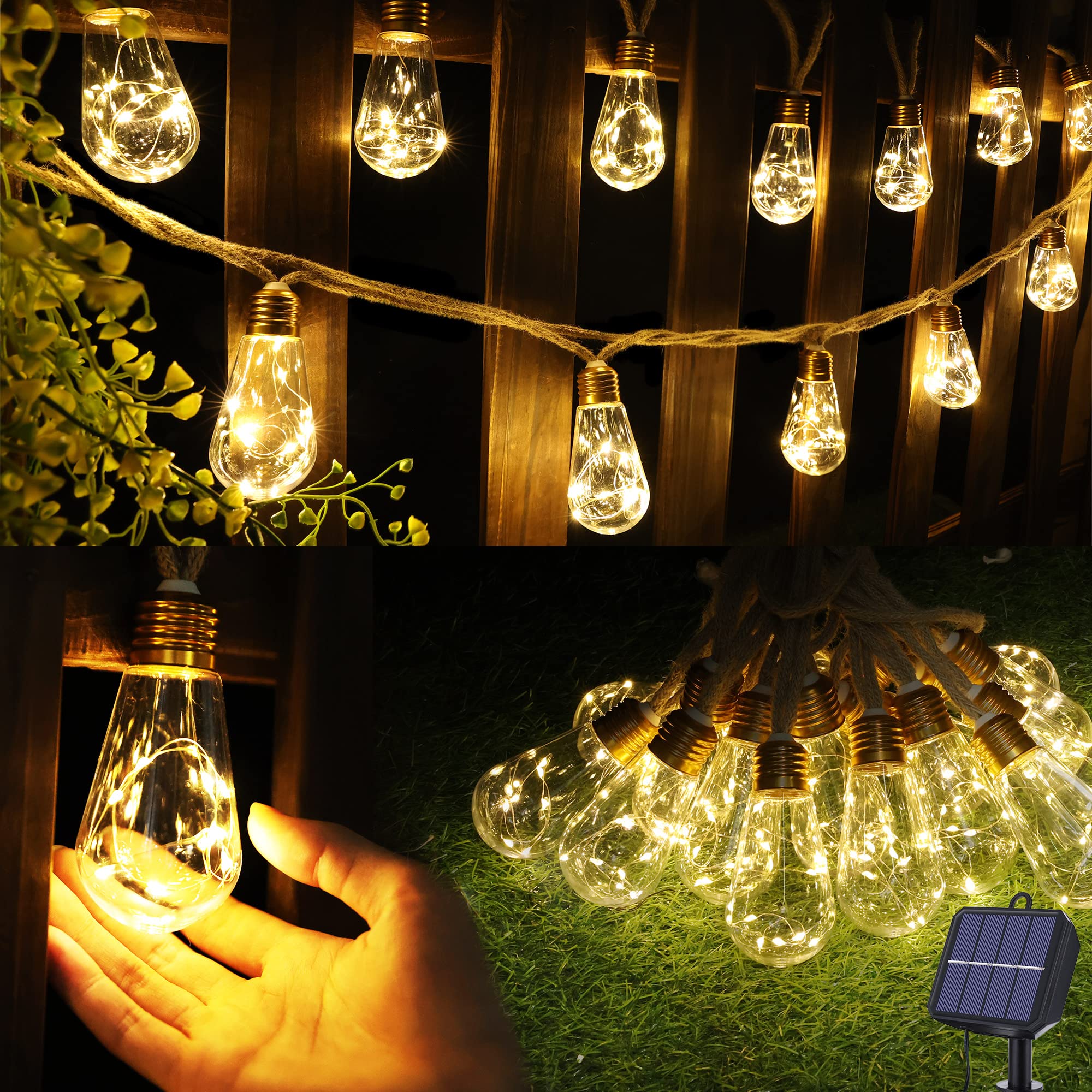 Vintage Solar Outdoor String Lights - 20Ft Waterproof Rope Hemp Patio Lights with 8 Lighting Modes & 16 Shatterproof Bulbs, Warm White Solar Powered Decoration for Garden, Fence, Stairs, Balcony, Café, Bistro - Perfect for Romantic Evenings, Outdoor Dining, and Backyard Parties
