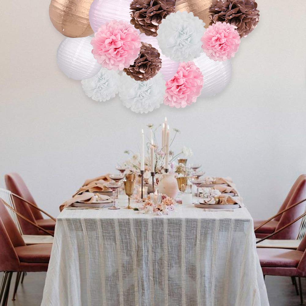 15PCS Rose Gold Party Decorations Set - Pink Rose Gold Paper Lanterns & Pom Poms Flowers for Birthday, Bridal Shower, Bachelorette Party | Perfect for Wedding, Baby Shower & Anniversary Decorations