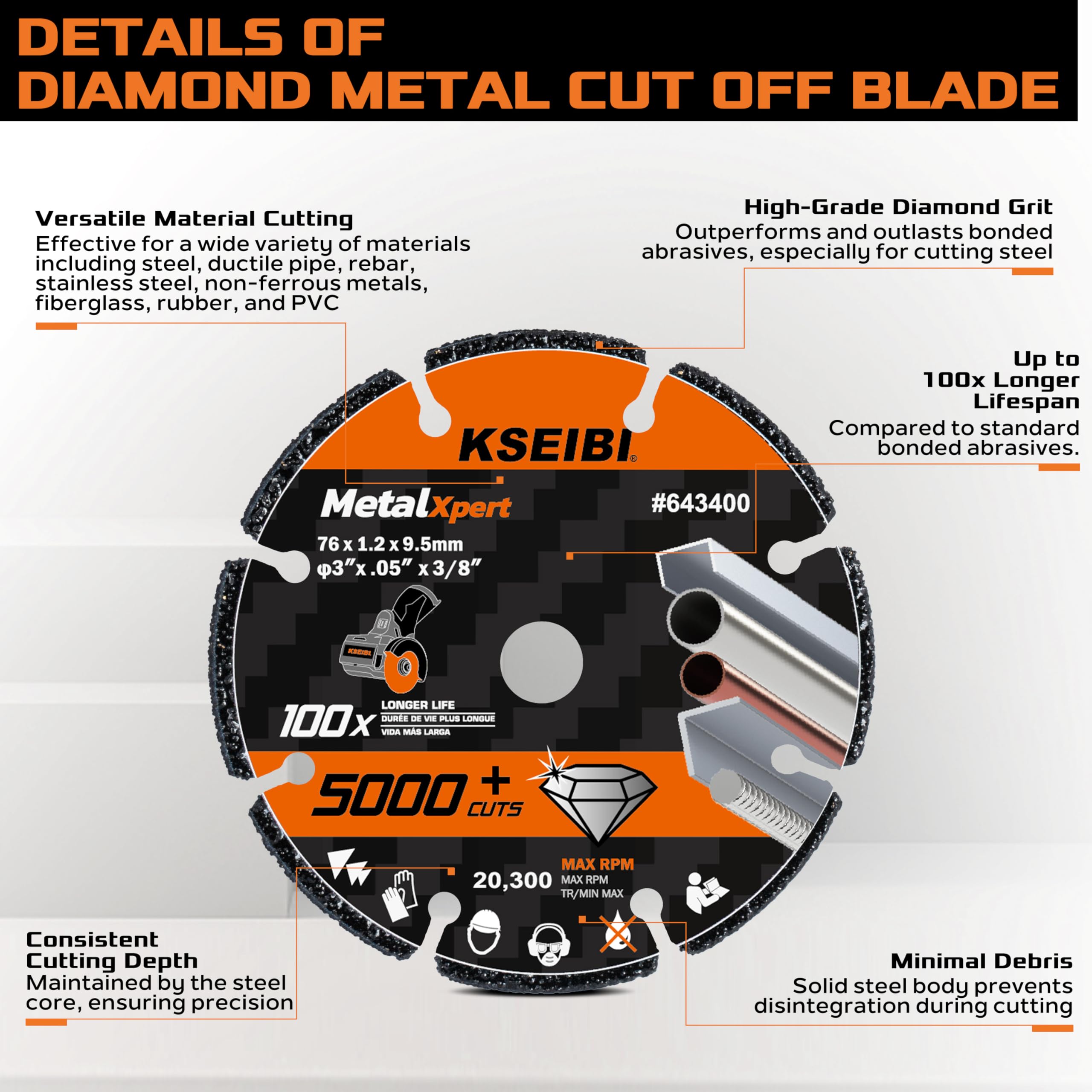 KSEIBI 643410 4.5 Inch Diamond Cutting Wheel - 4-1/2 x 7/8 Inch Metal Cutting Disc for Angle Grinder - Premium Cut Off Blade for Steel, Rebar, Cast Iron, Aluminum & Non-Ferrous Metals - Durable 5000+ Cuts Guaranteed - Perfect for Metal Fabrication, Construction & DIY Projects