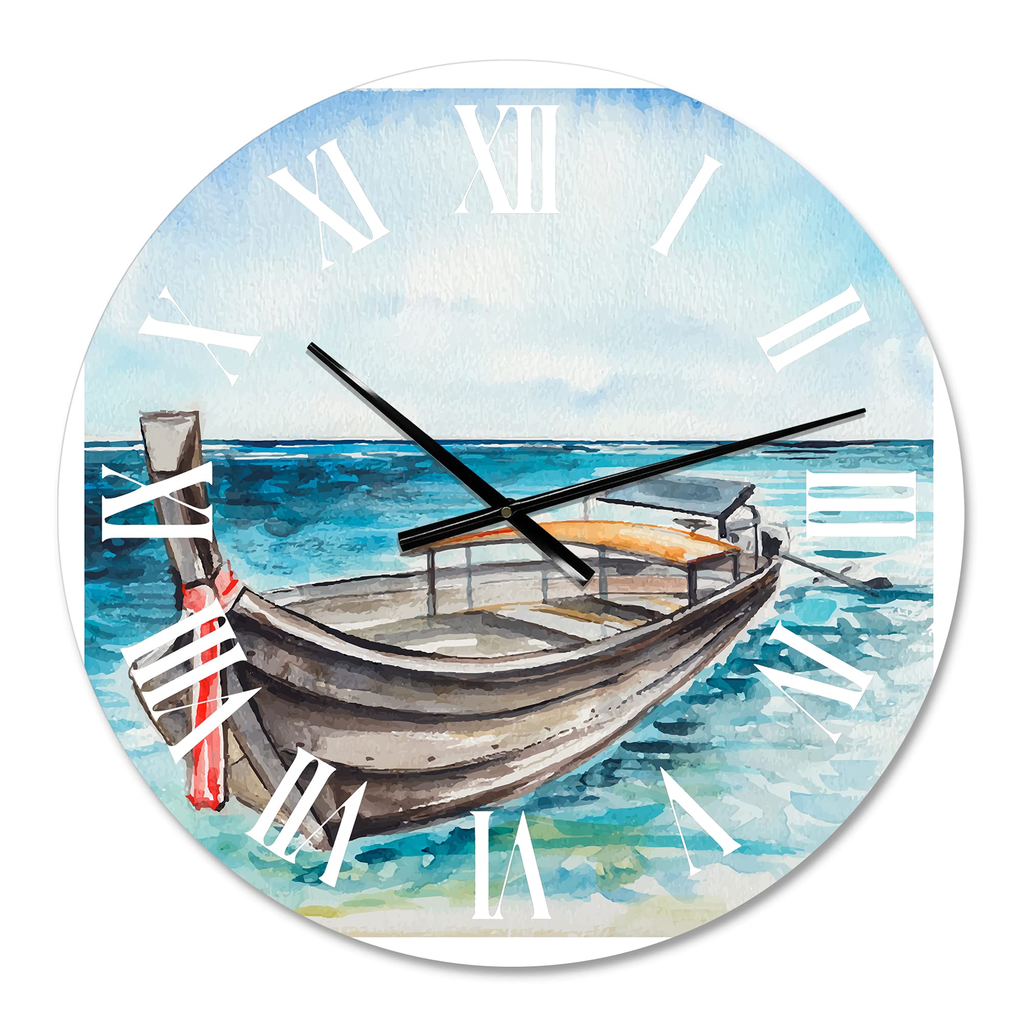 DesignQ Nautical Coastal Wall Clock - 12 Inch Round 'Little Boat at The Shore' Blue Decor for Living Room, Bedroom, Office | Perfect Beach House & Coastal Style Home Decor