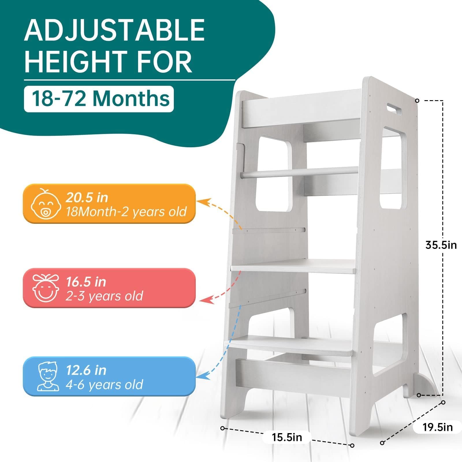 WOOD CITY Adjustable Toddler Step Stool with Safety Rail - White Kitchen Learning Tower for Kids, Height Adjustable Standing Stool for Counter, Sink & Bathroom - Perfect for Cooking, Washing Hands & Brushing Teeth