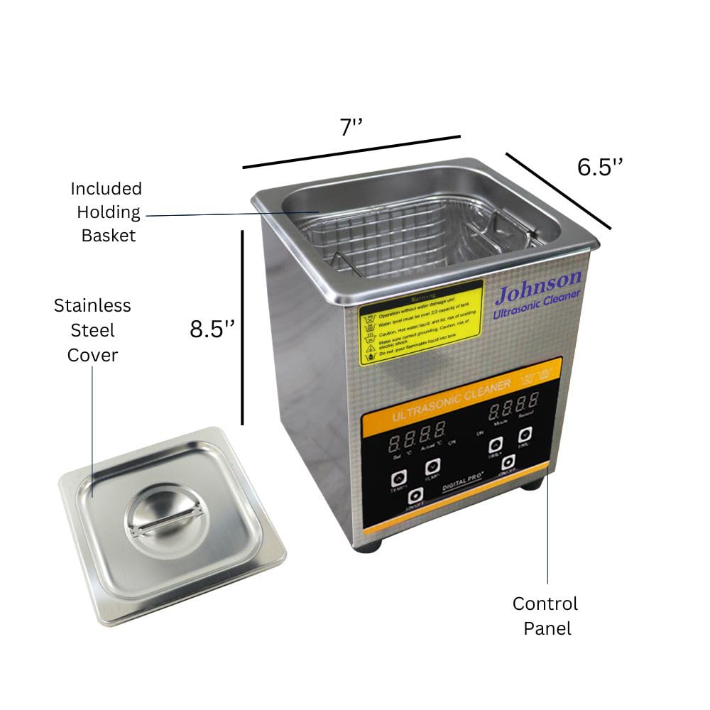 Johnson Professional 2L Ultrasonic Cleaner with Digital Timer & Heater - 40kHz Jewelry, Denture, Watch & Eyeglass Cleaner - Perfect for Home, Dental Clinics & Jewelry Stores