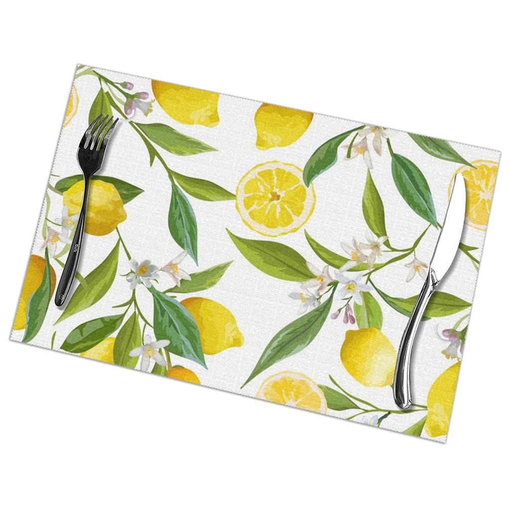 POUBREWD Set of 6 Lemon Floral Pattern Placemats - Waterproof Table Mats for Dining Table, Kitchen, Coffee & Wine Bar - Perfect for Home Decor, Parties & Outdoor Picnics (Color A, One Size)