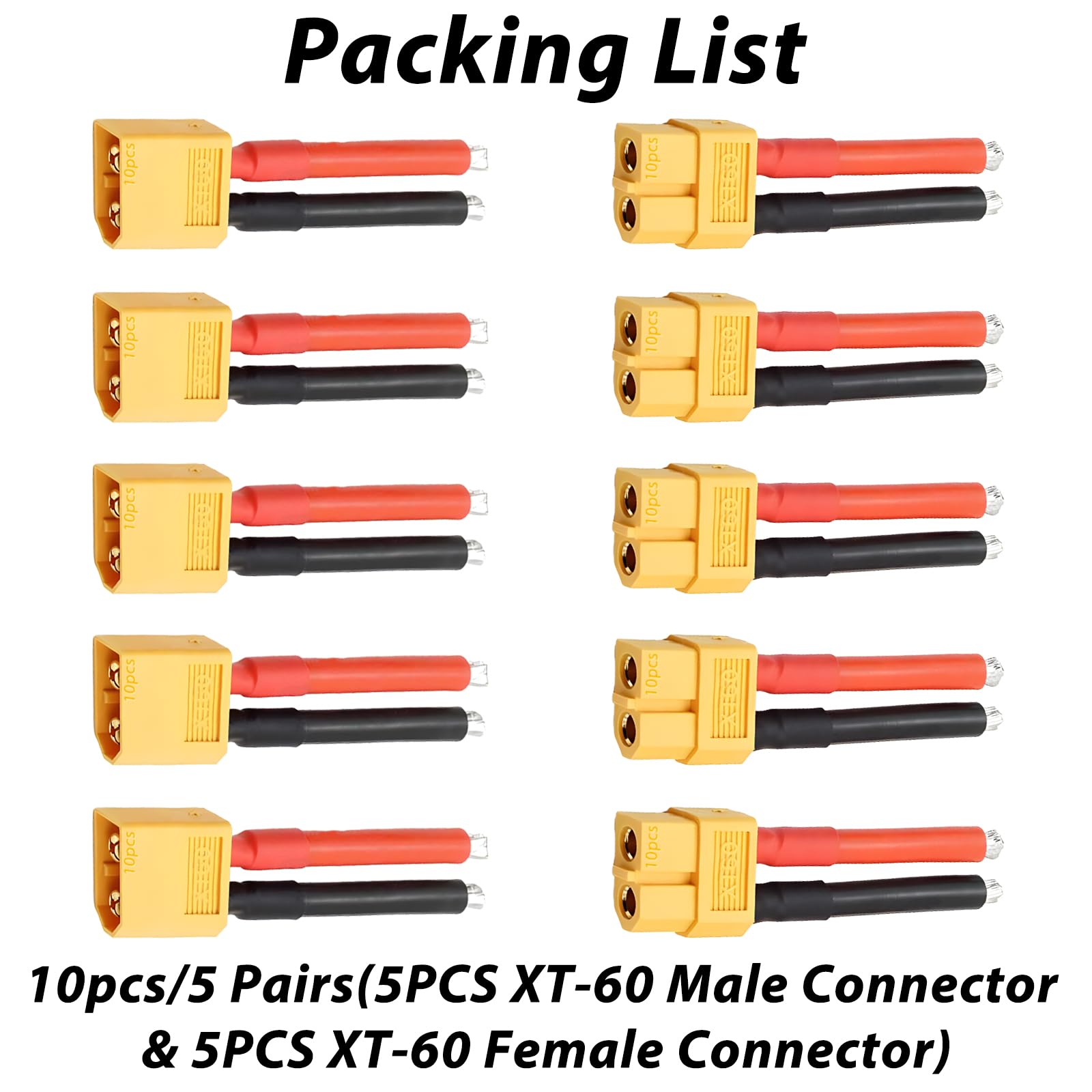 XT60 Connector Plug Cable - 10PCS (5 Female & 5 Male) with 12AWG Silicon Wire for RC Lipo Battery, Drone, Car, Boat - High Current Power Connectors for DIY Electronics, Solar Projects, and RC Hobby Applications