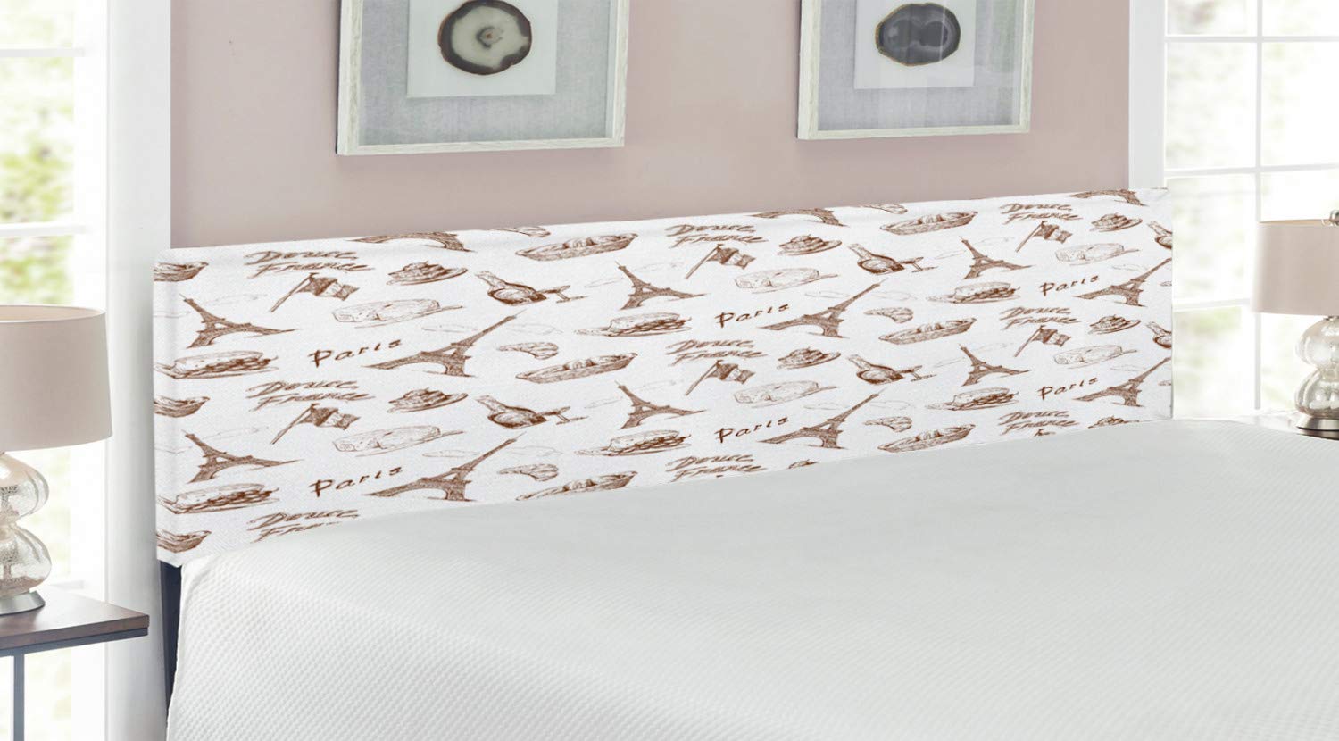 Ambesonne Paris Themed Headboard - King Size Upholstered Metal Bed Frame with Memory Foam | Hand-Painted French Wine & Bakery Design in Brown/White | Perfect for Bedroom Decor & Parisian Style Home Interiors