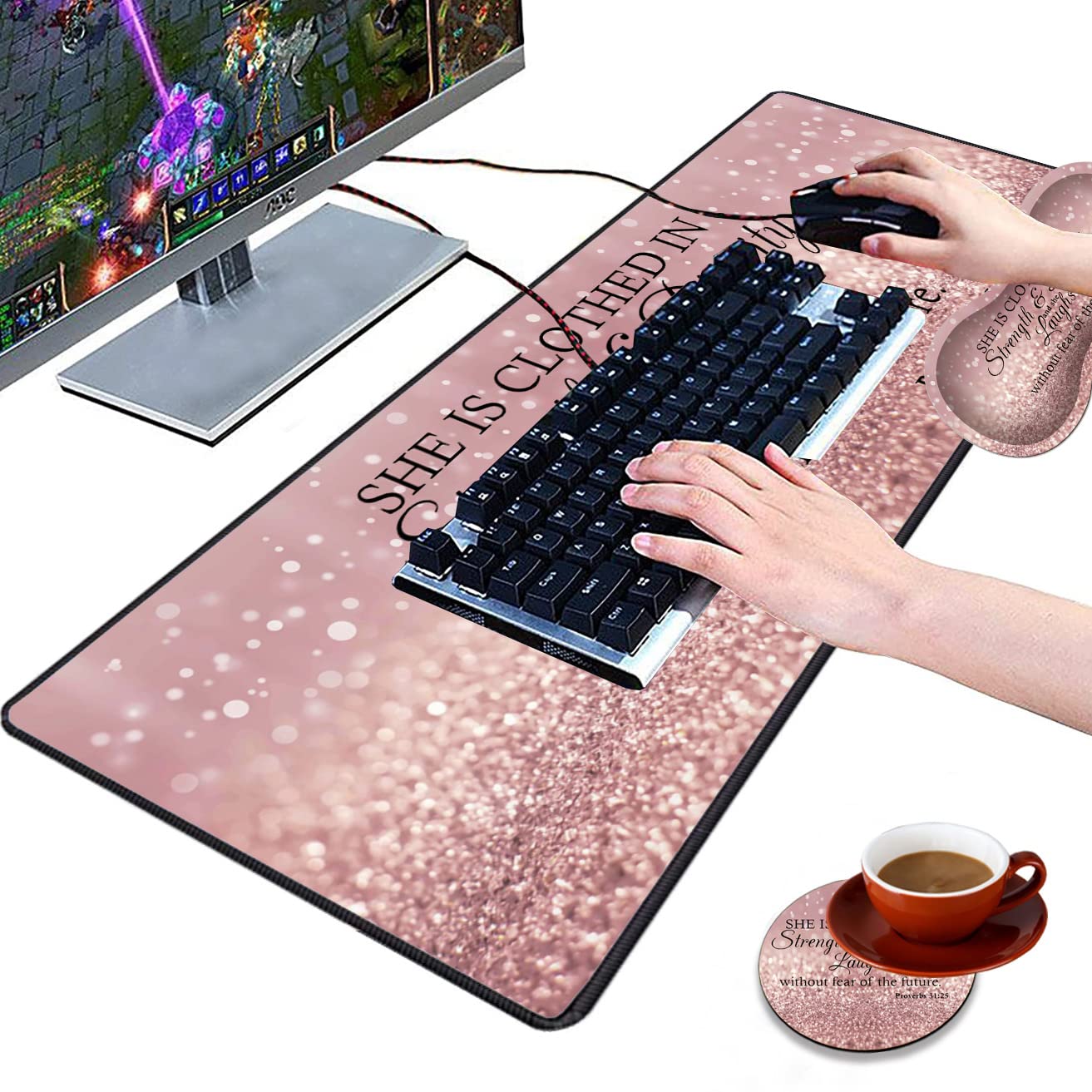 3-Piece Premium Mouse Pad Set with Stitched Edges - Extra Large Non-Slip Desk Mat, Keyboard Pad & Memory Foam Wrist Rest - Includes Inspirational Bible Verse (Proverbs 31:25) - Perfect for Office, Home & Gaming Workstations